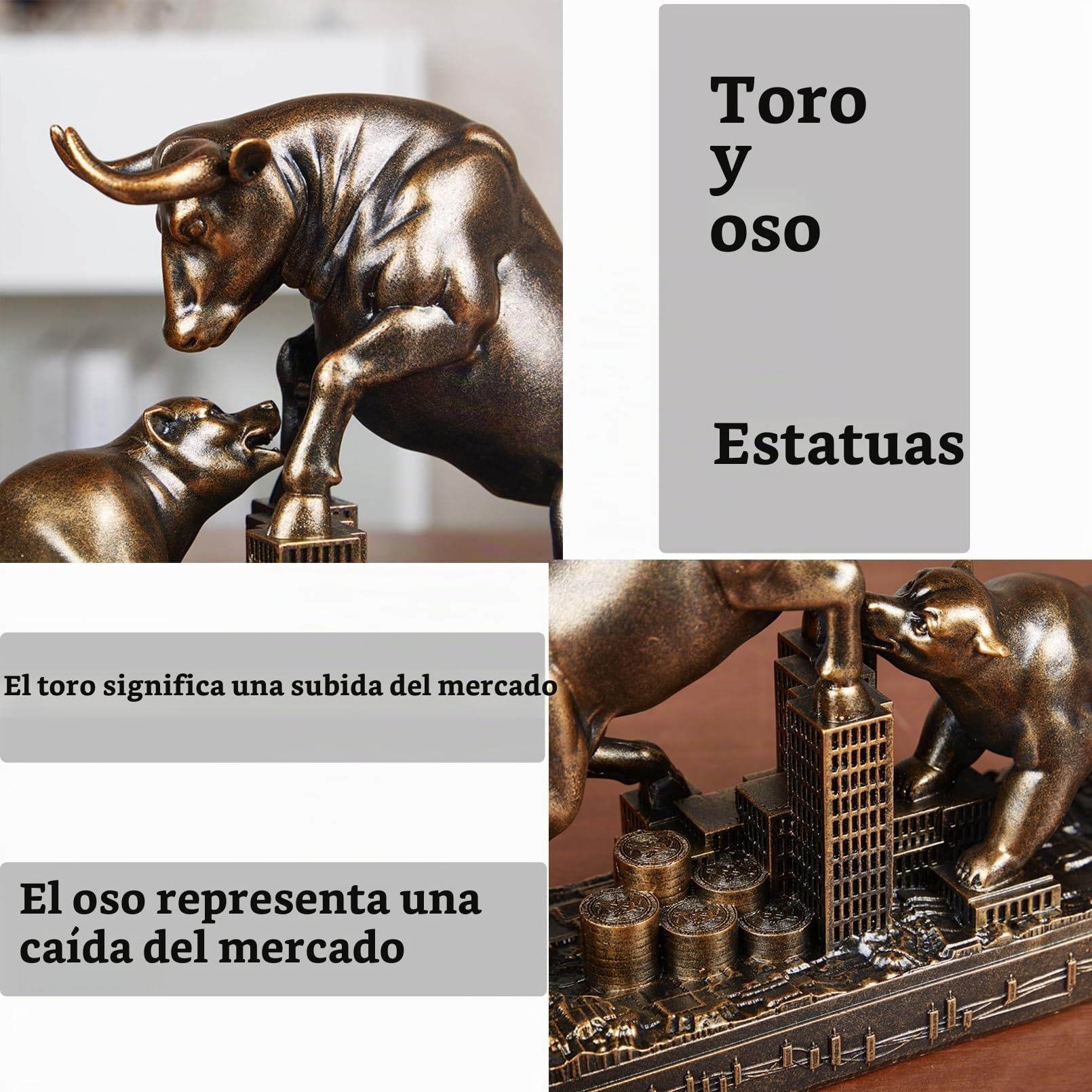Cutfouwe Figura Decorativa de Toro y Oso para Oficina y Sala de Estar, Regalo Ideal para los Amantes de Las finanzas y entusiastas de la Bolsa,Bronce