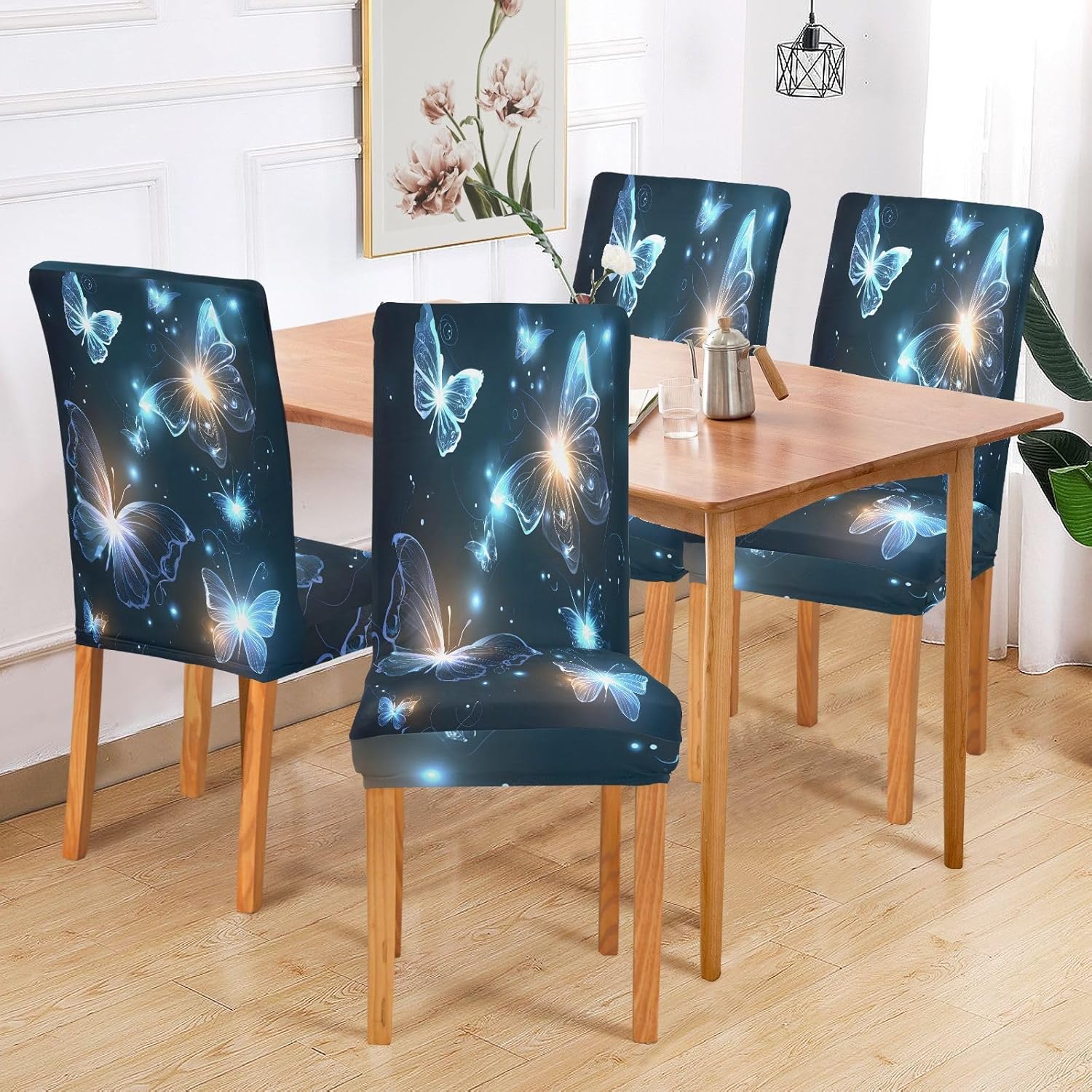 ALAZA Chair Covers for Dining Room, Glowing Blue Butterfly Stretch Chair Cover Sets Chair Protector Removable Washable for Ktichen Restaurant Hotel