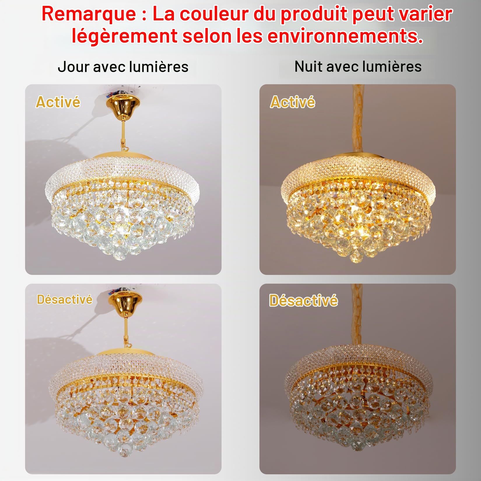 Lustre Cristal K9 Doré 46 cm, Hauteur Réglable, 6 x E14 Incluses