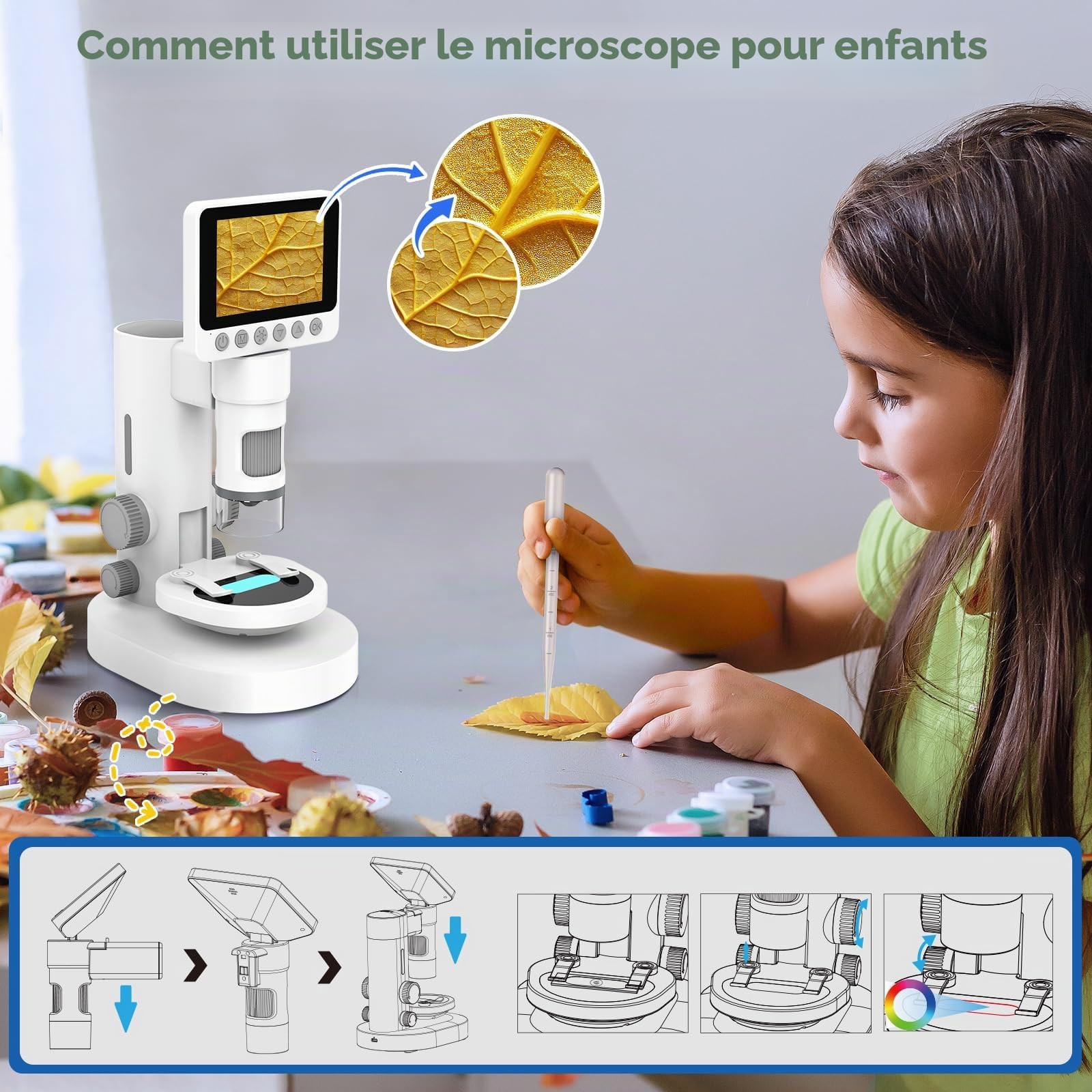 Microscope Portable 1000X pour Enfants de Poche - Écran 4K 2,0" Microscope