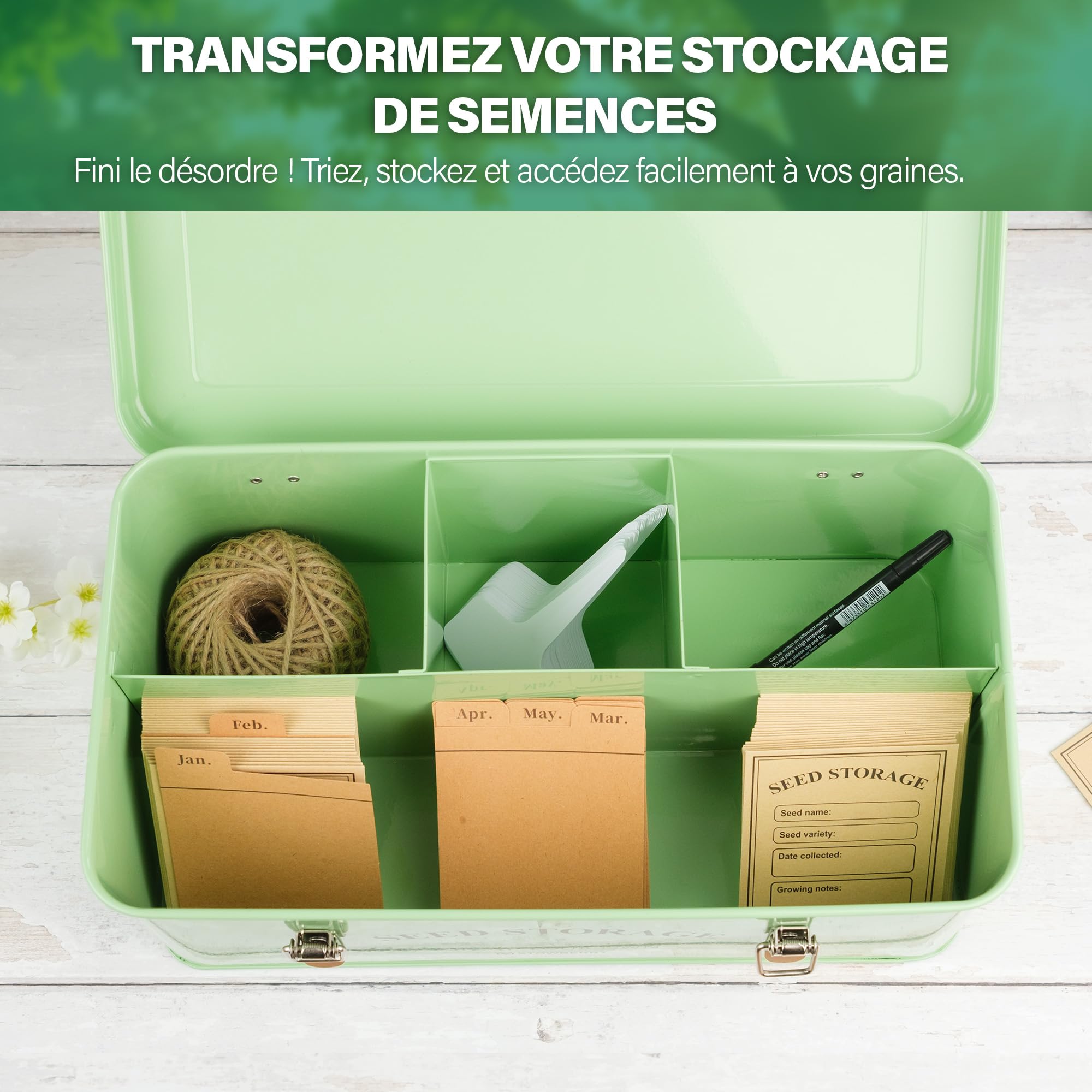 Boîte de rangement pour graines – Boîte à graines Green Garden avec couvercle, poignées, 4 compartiments – Contenant pour sachets de graines – Idée cadeau avec plus de 200 accessoires