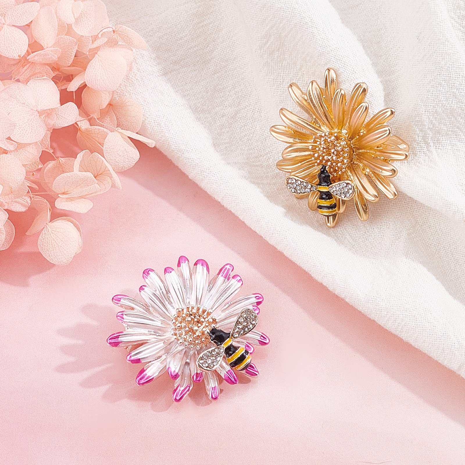 Set Da 3 Spille Ape E Margherita Con Cristalli - Spille Da Stoffa A Forma Di Fiore Girasole, Materiale Lega, Per Sciarpe, Colletti, Borse E Cappotti