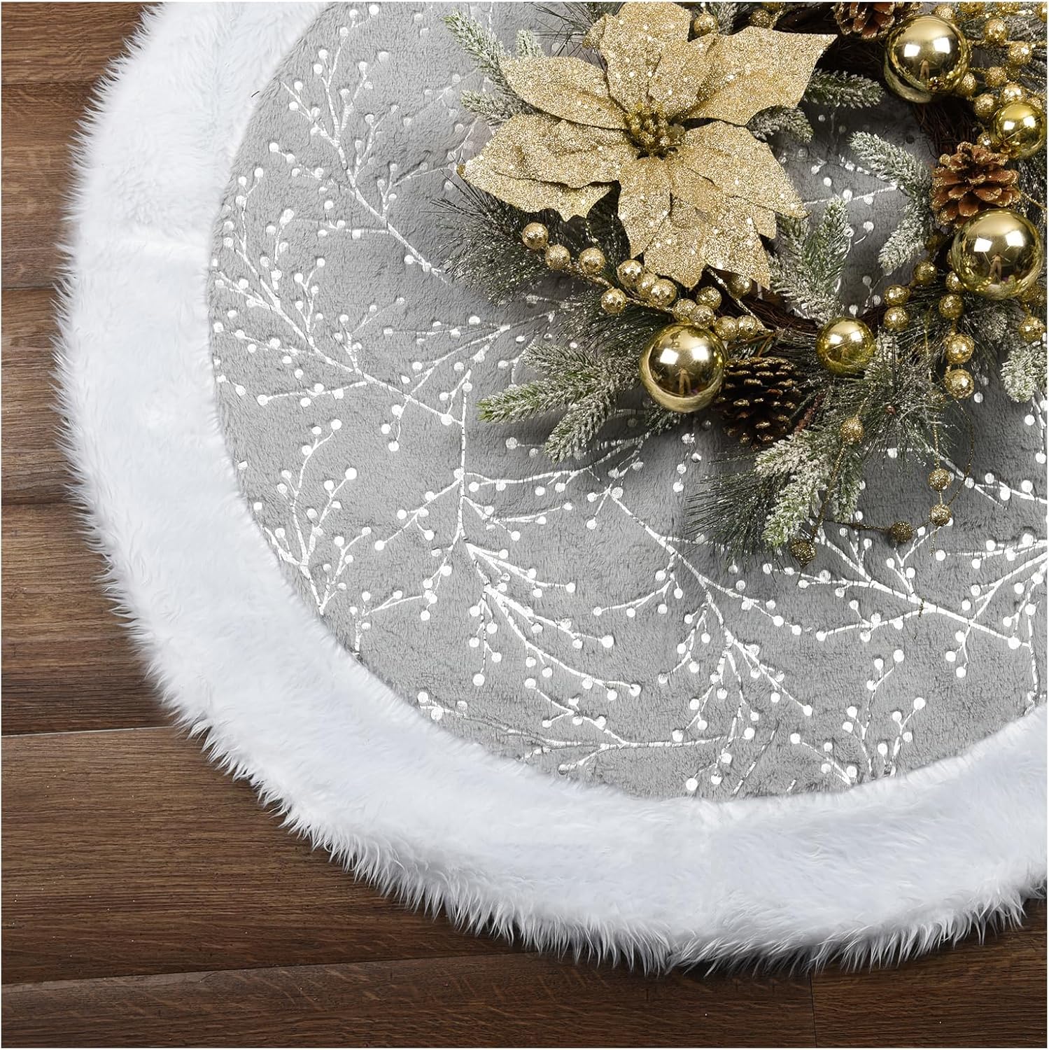 Christmas Tree Skirt, Tree Base Mat, Thick Faux Fur Tree Skirt for Holiday Home Decor Party Xmas (Grey, 48in)