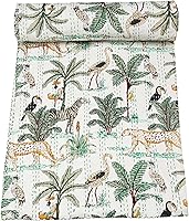 Vista 11 de Marubhumi Edredón tradicional indio de algodón puro con estampado de selva Kantha, colcha Kantha con estampado de animales, multicolor