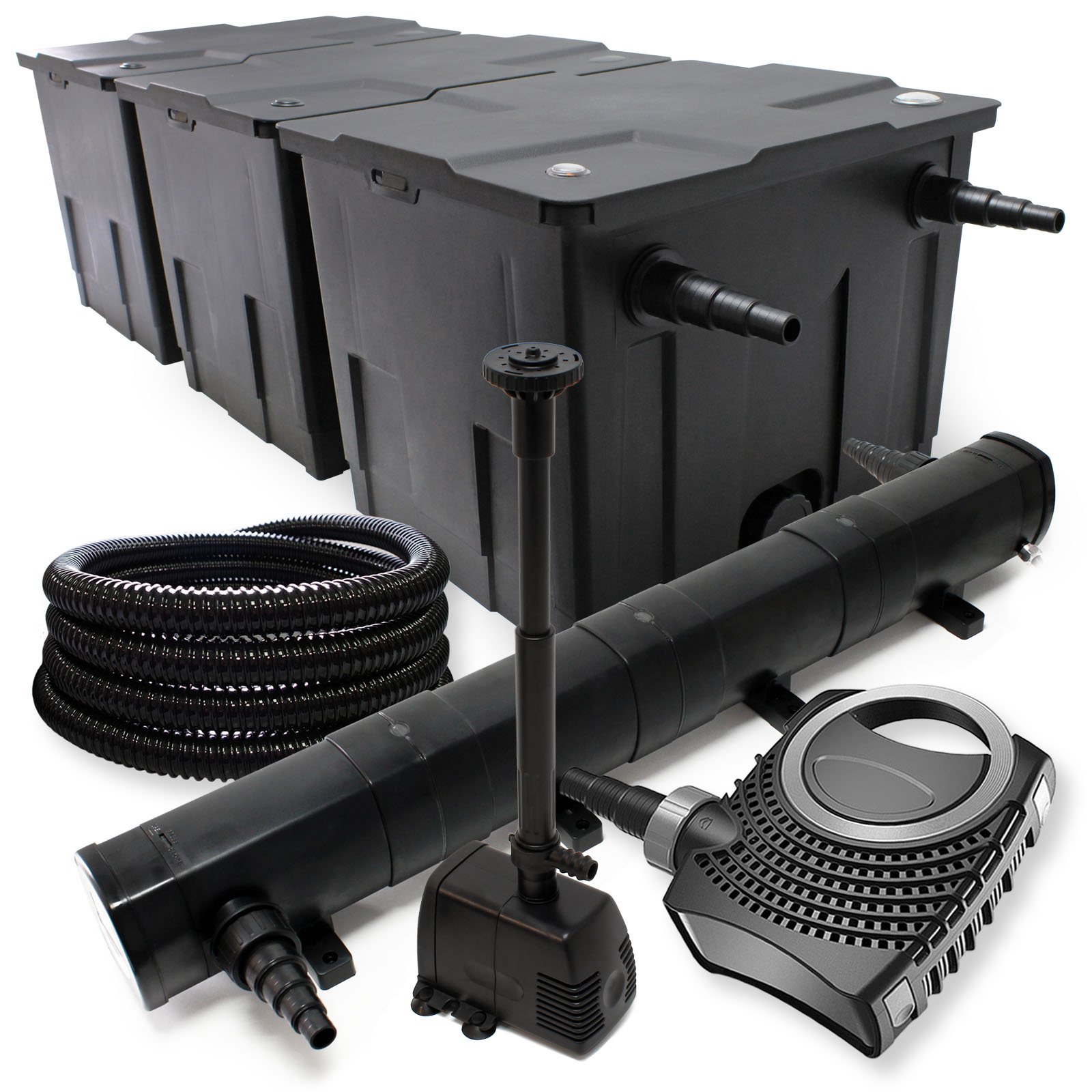 Wiltec Kit complet: CBF-350C Filtre de bassin jusqu'à 90000 L, NEO10000 pompe de filtration 10000l/h 80W, CUV-272 lampe uv 72W, 25m Tuyau 25 mm, HJ-943 fontaine 800l/h 16W