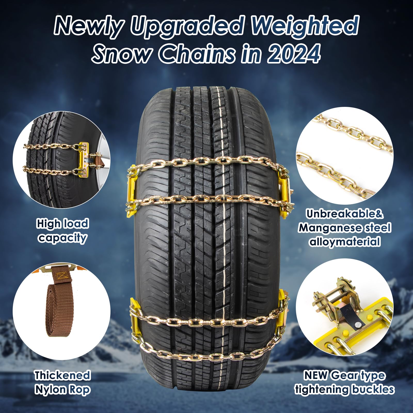Schneeketten 6 Stück verstellbare Ketten mit Kunststoff-Schneeschaufel und Handschuhen - Robuste Langlebige Reifen-Schneeketten für Autos, LKWs, SUVs - Breite 165–265 mm