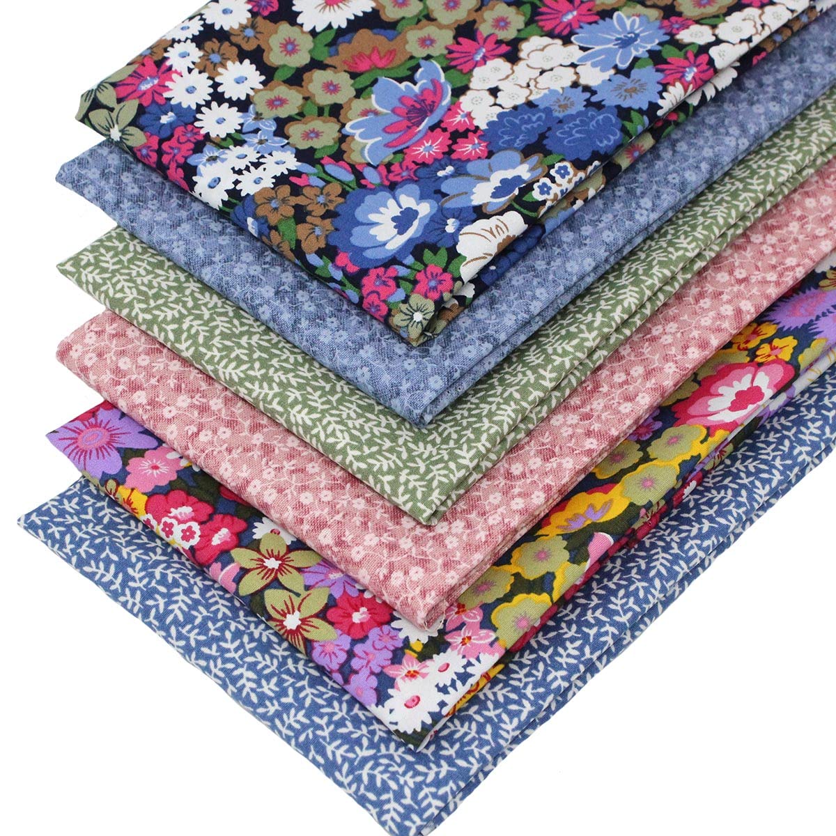 6 Fat Quarters Bundle - 'Border Blooms' Fabrics With Beautiful Flower Designs In Shades of Blue & Pink. 100% Cotton for Quilting, Patchwork & Crafting (with free patchwork pattern by Overdale Fabrics)