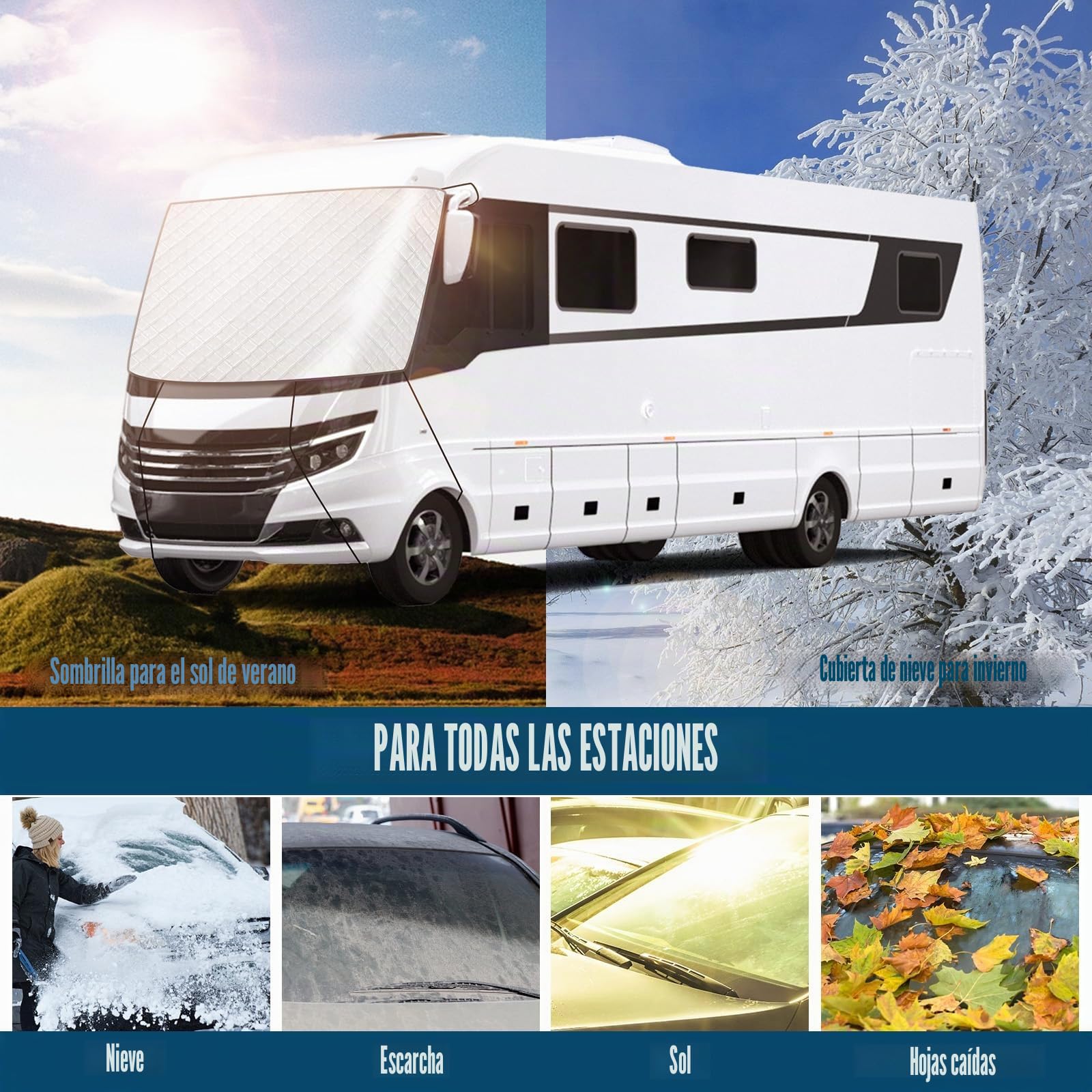 Funda para Parabrisas de Coche para Autocaravanas integradas, Funda Envoltura de Parabrisas de Lujo 600D para Clase A, Impermeable, Nieve, Hielo, Escarcha, Polvo, Sol (Plata)