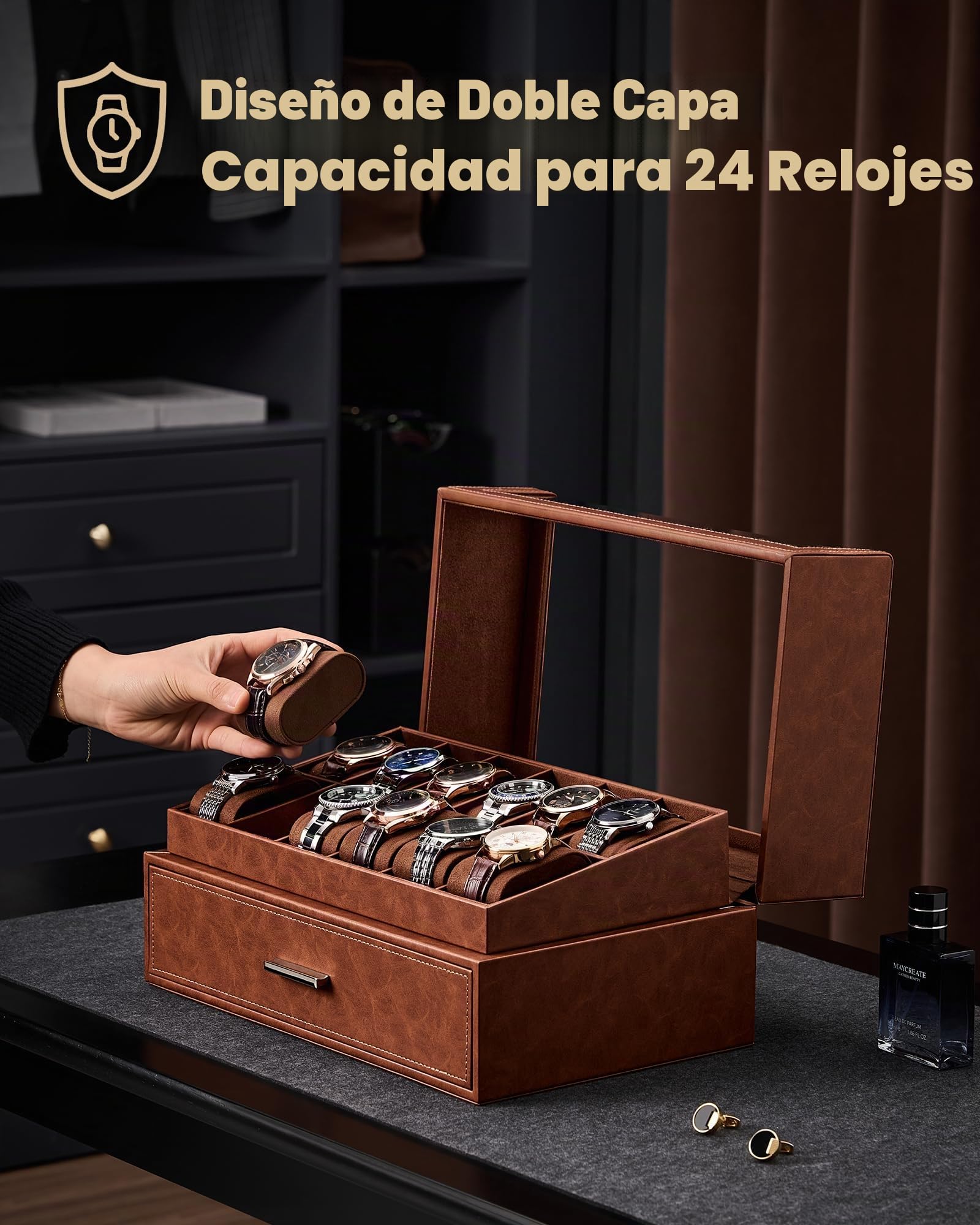 ProCase Caja de Reloj con 12 Ranuras con Tapa Transparente, Caja de Reloj de Cuero PU para Hombre con Cajón, Caja de Almacenamiento de Reloj para Hombre -Marrón | Organizador de relojes y joyas de piel sintética de gran capacidad con tapa acrílica y cajón