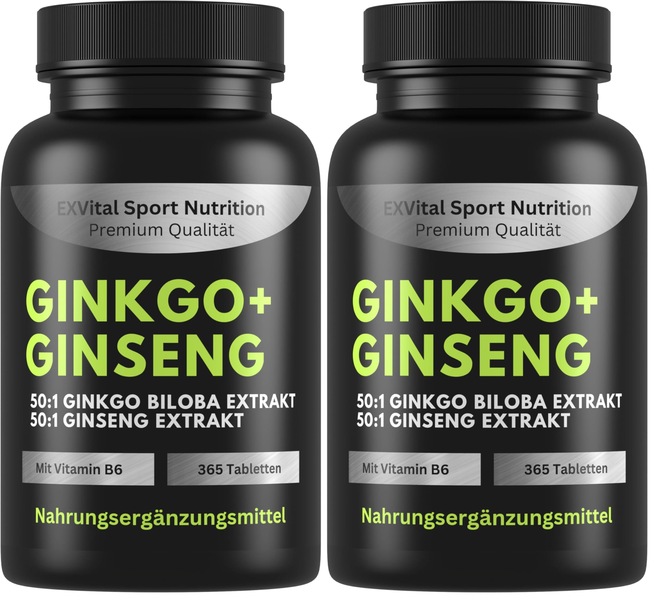 EXVital® Ginkgo + Ginseng, 365 Tabletten, 50:1 Pflanzenextrakte, hochdosiert - Ginkgo Biloba & Koreanischer Ginseng - Laborgeprüft - Vegan (Packung mit 2)