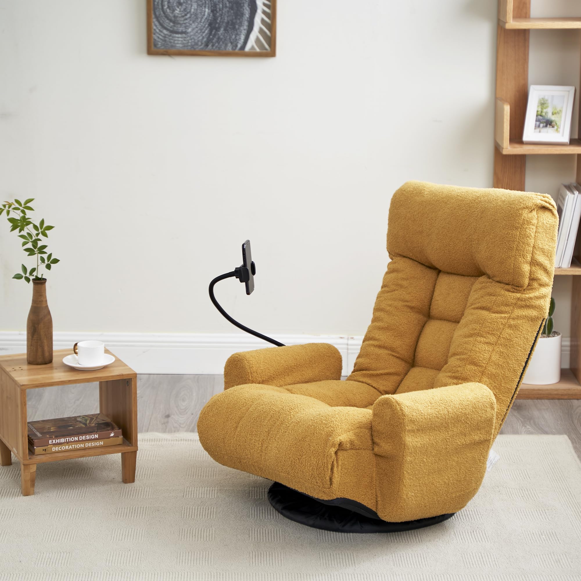 GOAWGO 360° Swivel Floor Gaming Chair Yellow Teddy Folding Chaise Lounge Chair Adjustable Comfy Sofa Chair with Armrests, Phone Holder & Padded