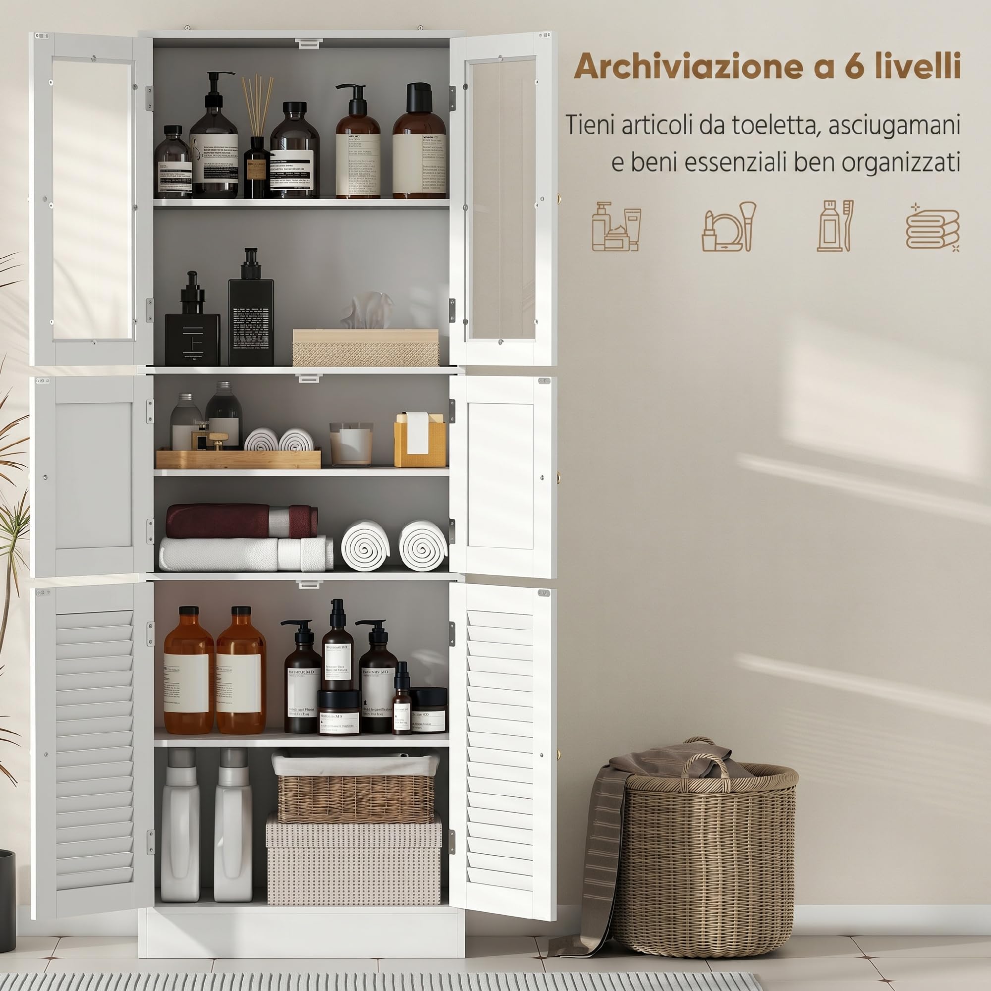 HOMCOM Armario de Baño Alto con Baldas, Puertas Vidrio, 60x30x170cm Blanco | Columna de Baño Estrecha, Puertas de Lamas
