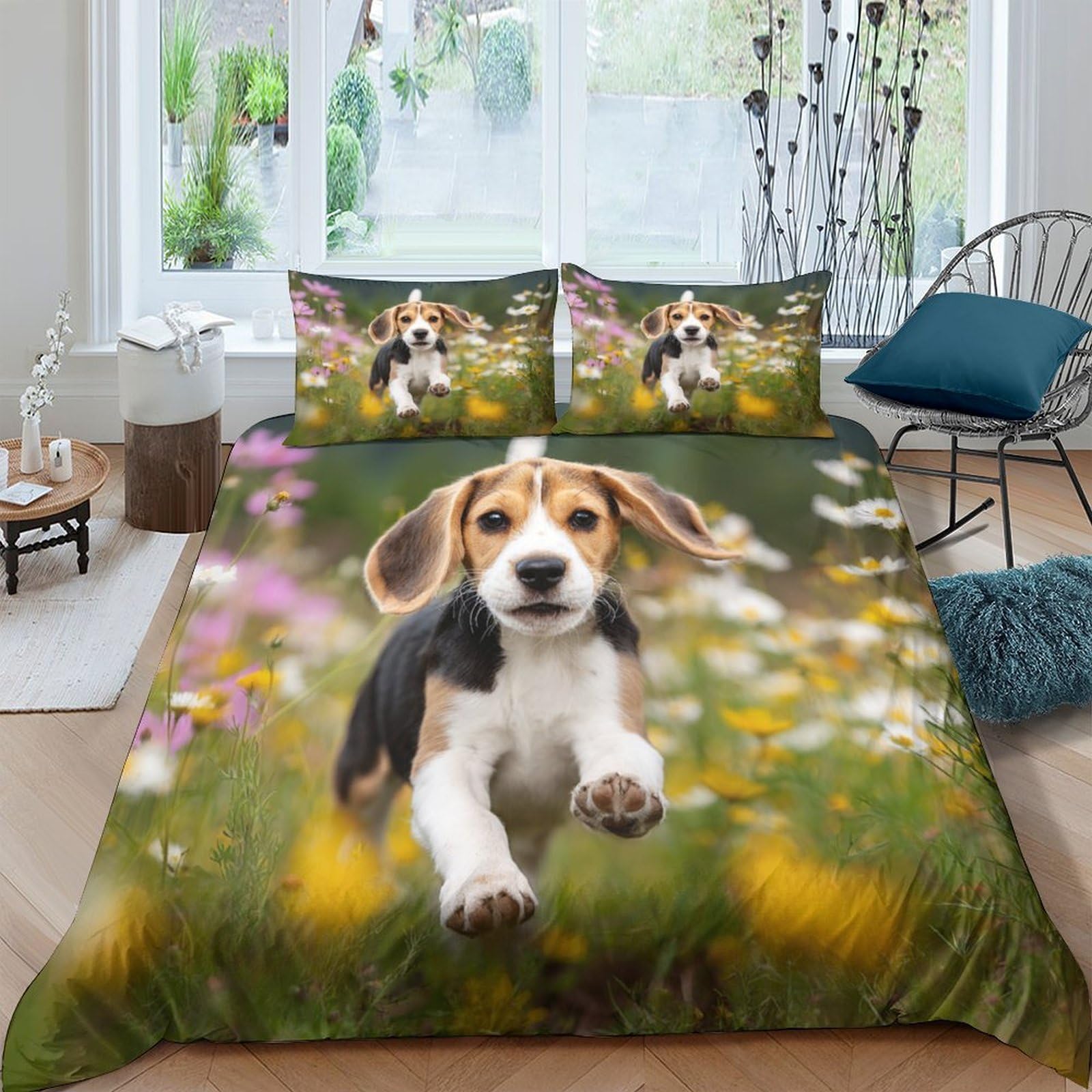 Ctjqhvkz Style-10 3D Printed Beagle Puppy Fitted Sheet Microfiber Soft Floral Meadow Bed Cover For Bedroom Guest Room Decor Mattress Protection Single（135X200cm）