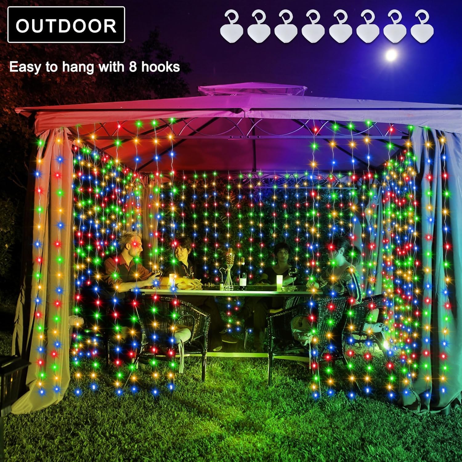 DBFAIRY Solar Curtain Lights 2.4M x 1.8M 144 LED Curtain Lights Outdoor Waterproof with Timer 8 Modes for Garden Patio Fence Gazebo Decor (Multicolour) - Image 4