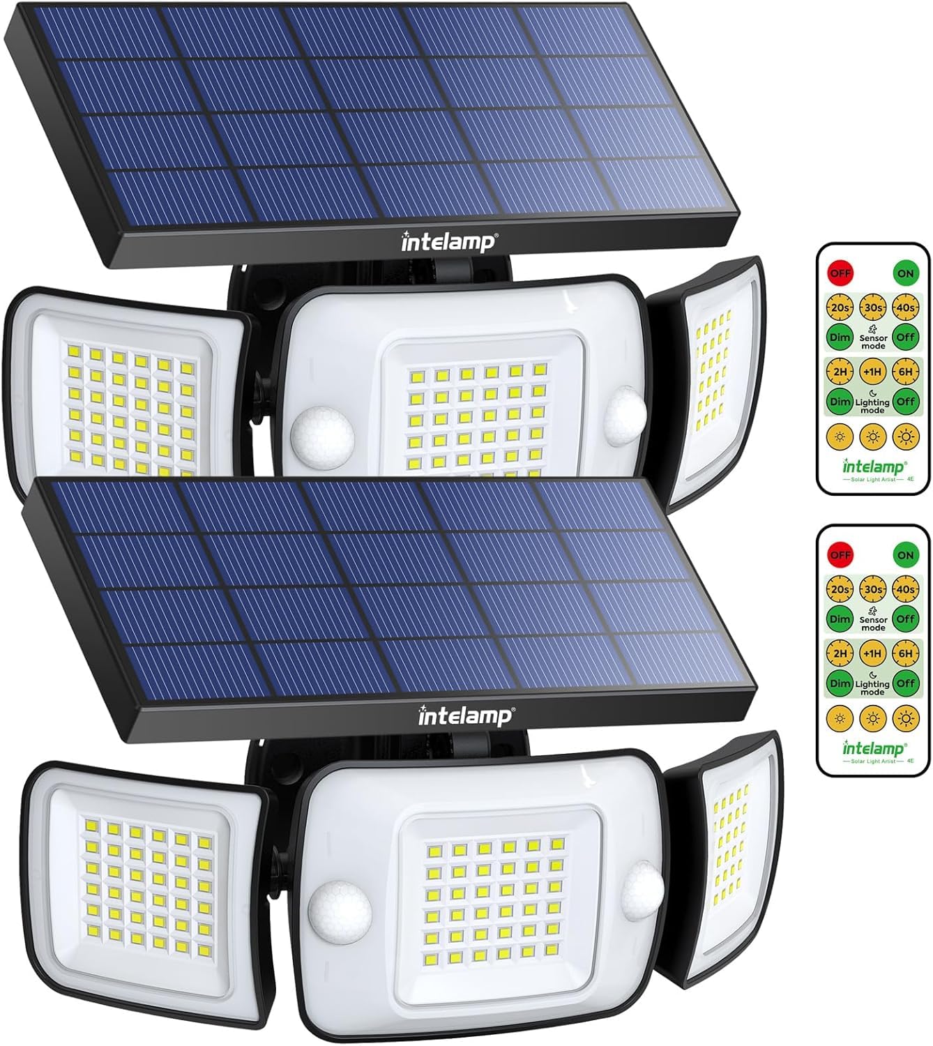 INTELAMP Luce Solare LED Esterno, 108LED Faretto LED da Esterno con Sensore di Movimento, 6000mAh Lampada Solare da Esterno 6500K, 4 Modalità Luci Solari Esterno per Giardino (Luce Bianca – 2 Pezzo)