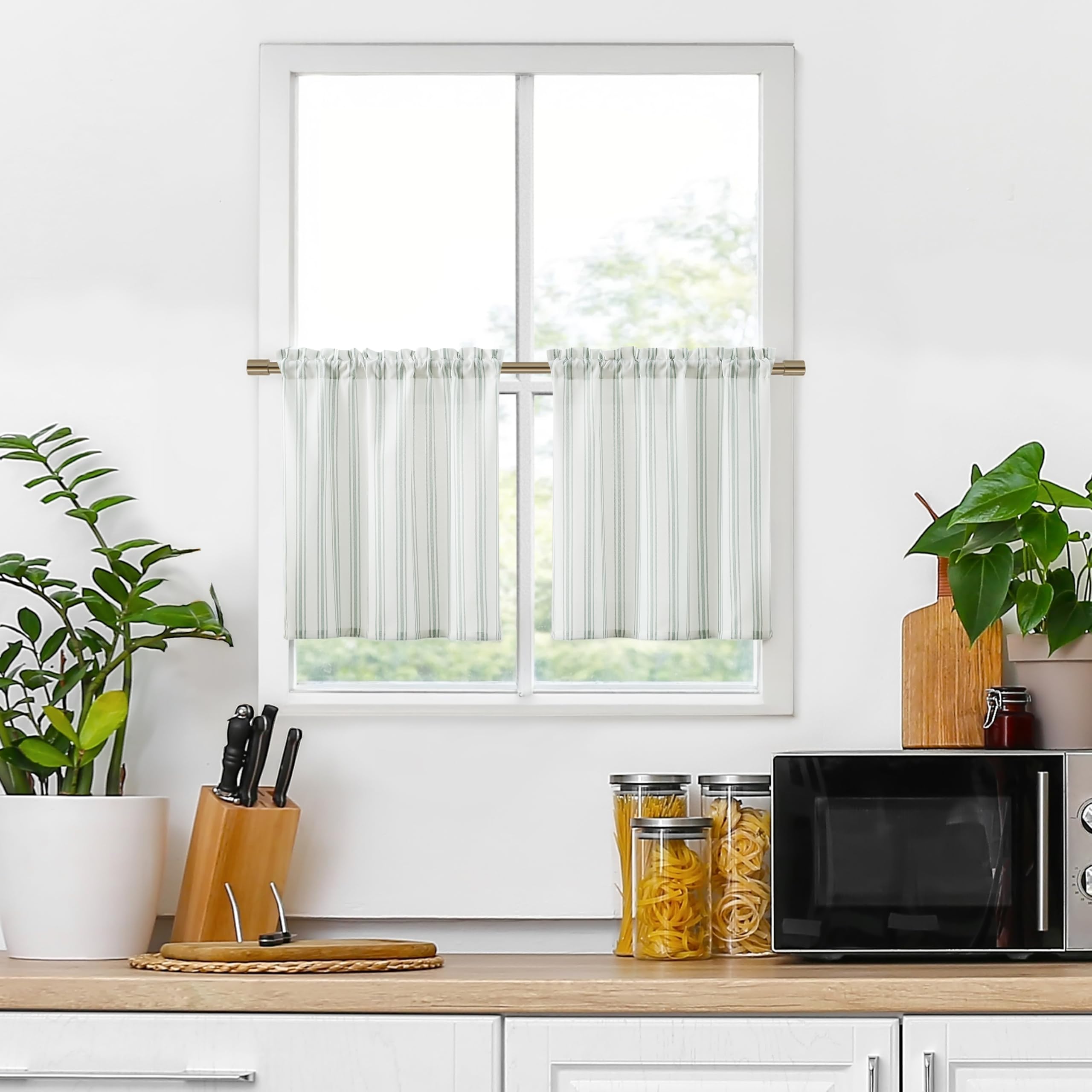 ZJDECOR Green Striped Light Filtering Kitchen Curtains,27" Wx24 Lx2