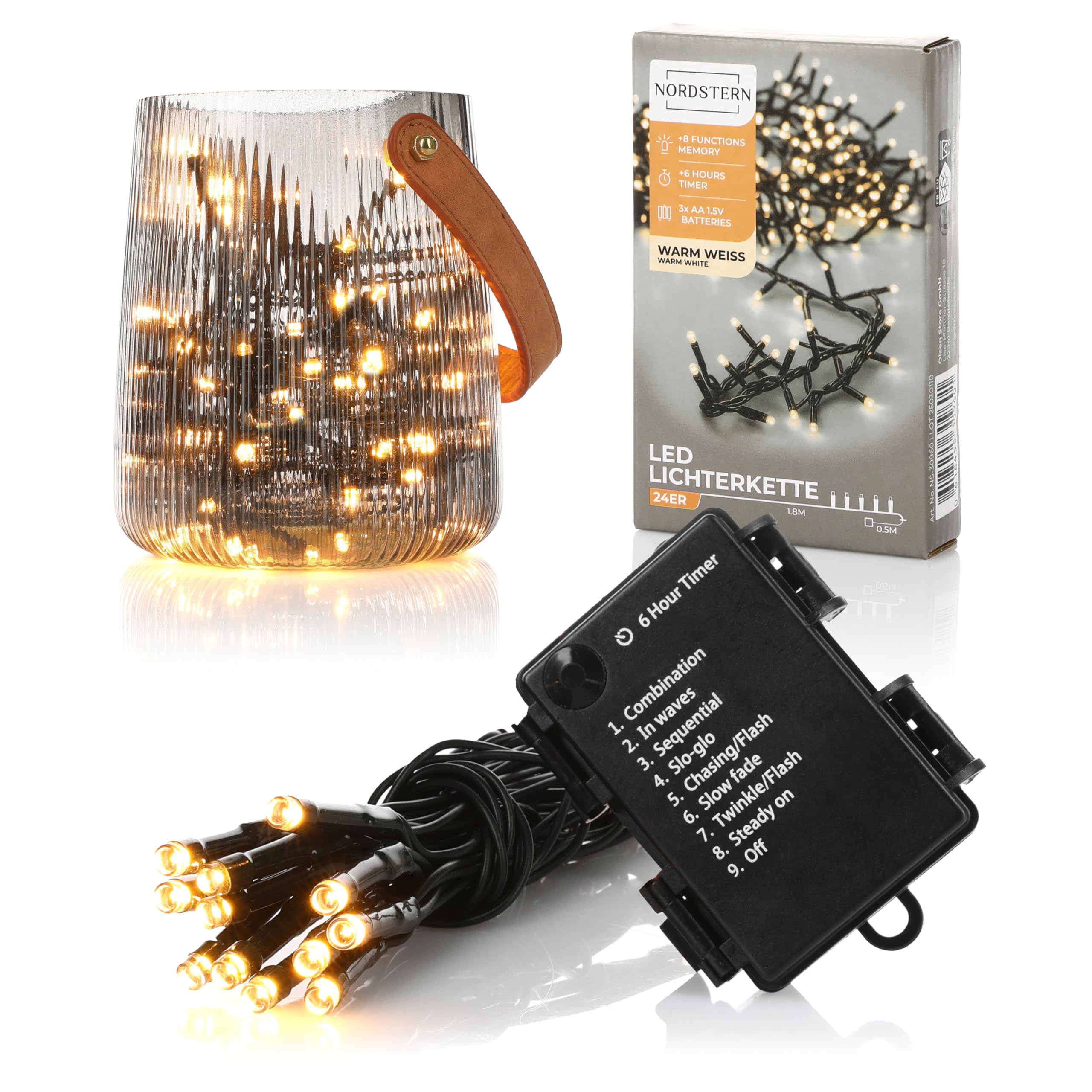 Nordstern LED Fairy Lights, Warm White, 24 LEDs, Indoor and Outdoor Lights, 1.8 m with Timer and 8 Light Modes, Battery Operated Christmas Lights