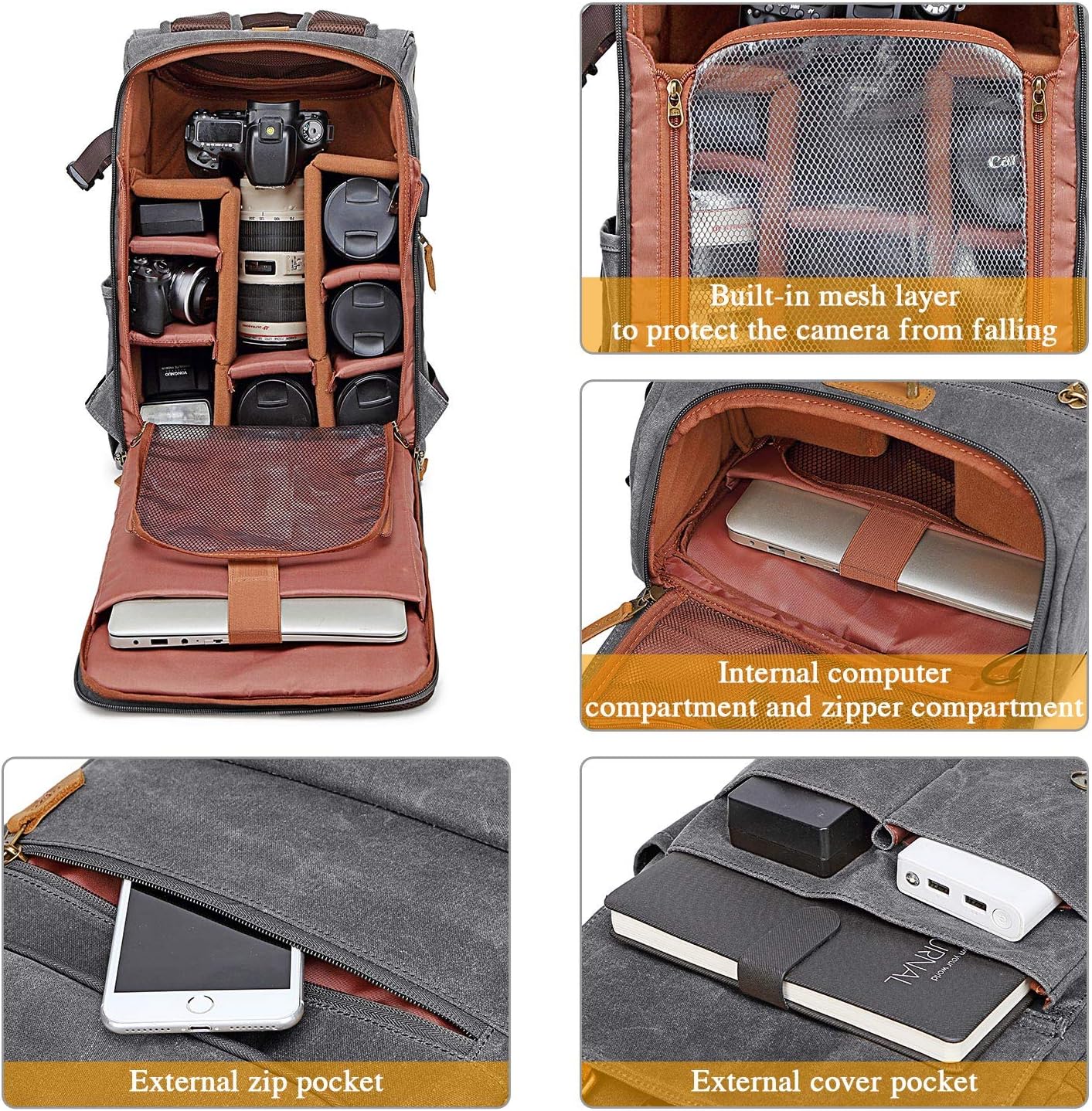 UBAYMAX Camera Backpack, DSLR SLR Waterproof Canvas Camera Bags Rucksack 15.6 inch Laptop Bag Travel Bag for Canon Nikon Sony Camera and Lens Tripod Accessories - Image 2