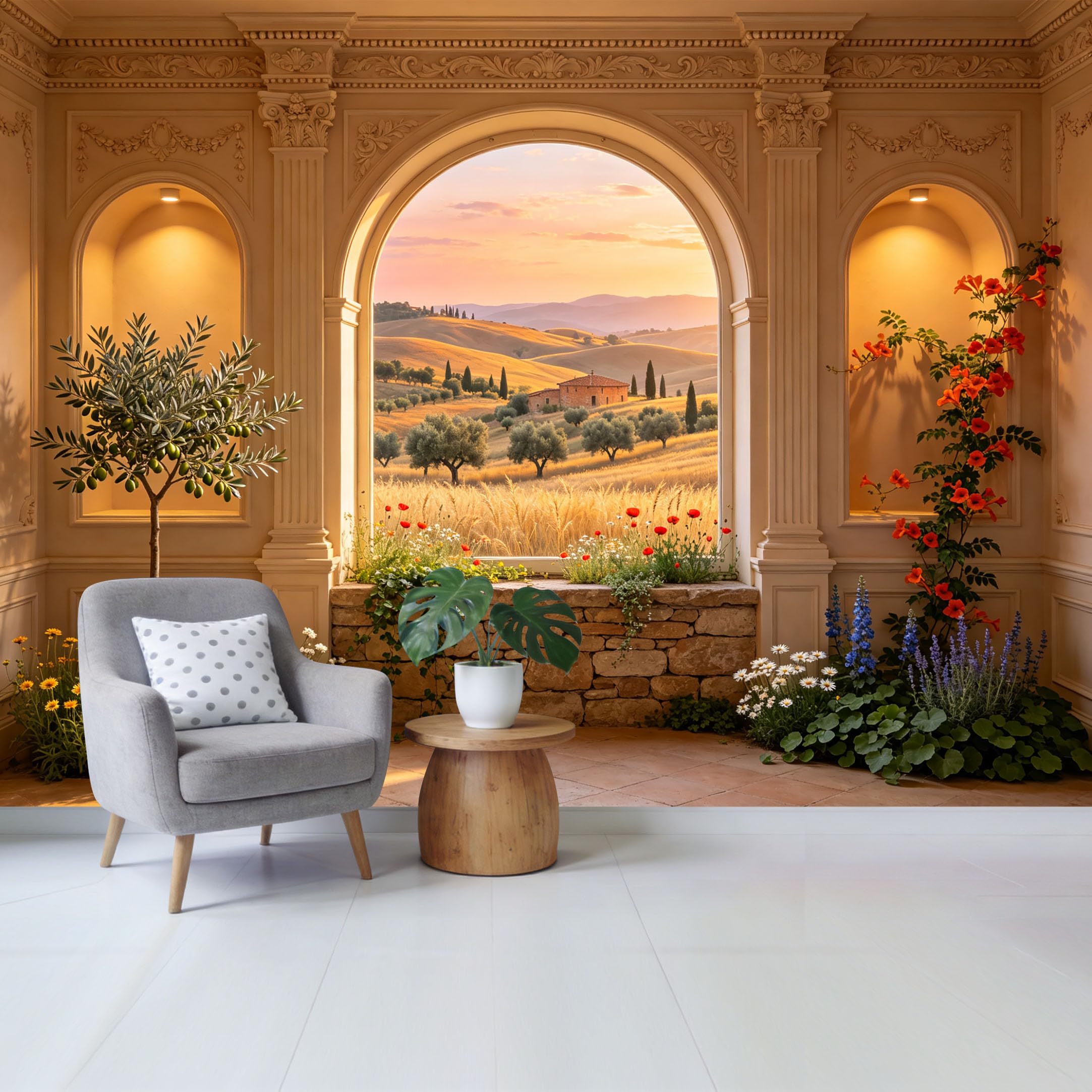 Custom Size Wall Mural Mediterranean Landscape Arch Window View Olive Trees Floral Garden Removable Self Adhesive Fabric Home Wall Decor for Living Room Bedroom Bathroom