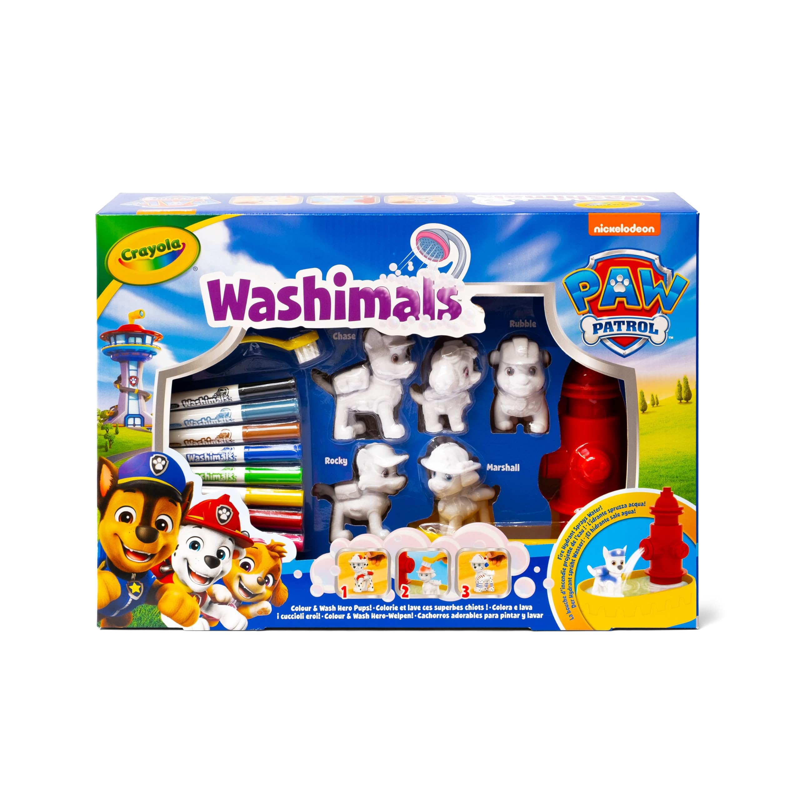Crayola - Washimals Paw Patrol, zestaw kreatywny zawierający 5 szczeniąt, 8 flamastrów zmywalnych, wanienkę z prysznicem, szczoteczkę, zabawa i prezent dla dzieci, od lat 3, 74-0291