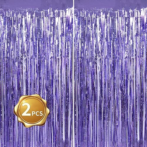 BEISHIDA 2 cortinas de oropel de color morado claro lavanda para puerta, telón de fondo de pared con flecos, fondo de pared para cumpleaños,