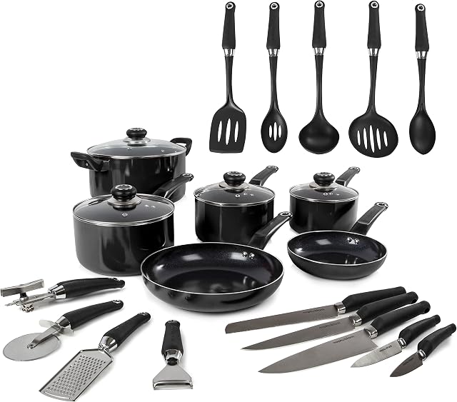 Morphy Richards Equip 20 Piece Cookware Set (4 Pots + 2 Saucepans + 14 Utensils), Black, Aluminium