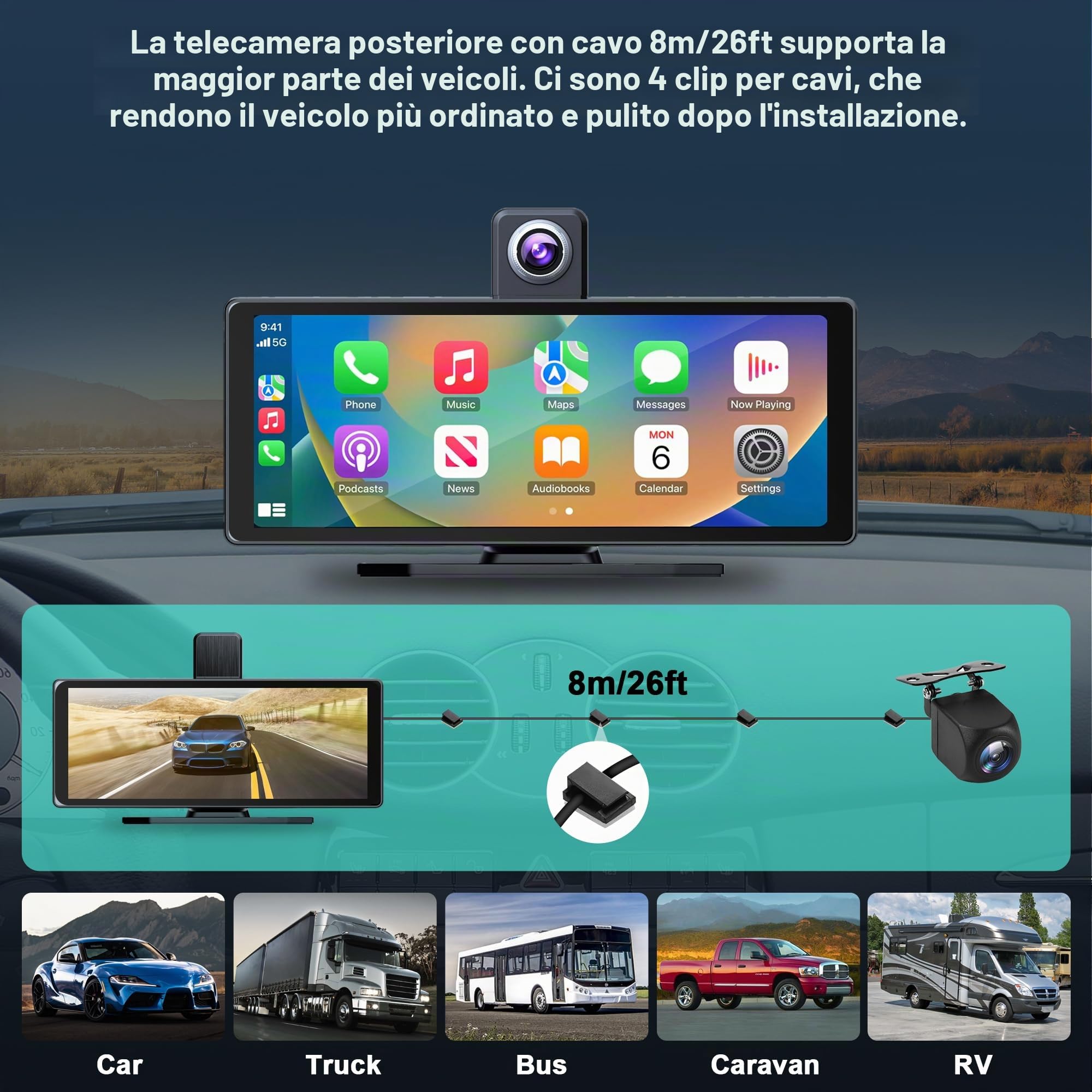 Audio Portatile Per Auto, 10.26" Schermo Carplay,car play per auto android con doppia telecamera anteriore + posteriore 4K 1080P, riproduzione car play wireless con Mirror Link/S-iri/AUX/64G TF