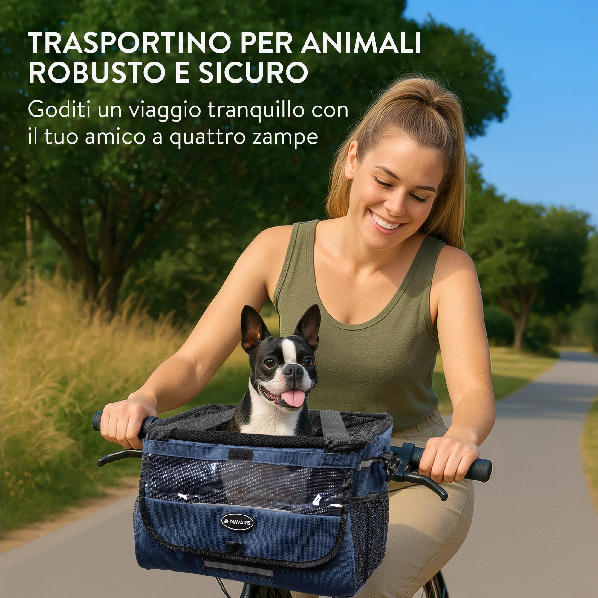 Navaris Trasportino per Cani - Cestino Bicicletta Anteriore - Cestino Bici per Cani 10 kg Sicuro e Stabile - Trasportino Cane con Cinghie di Fissaggio e Trasporto - Blu