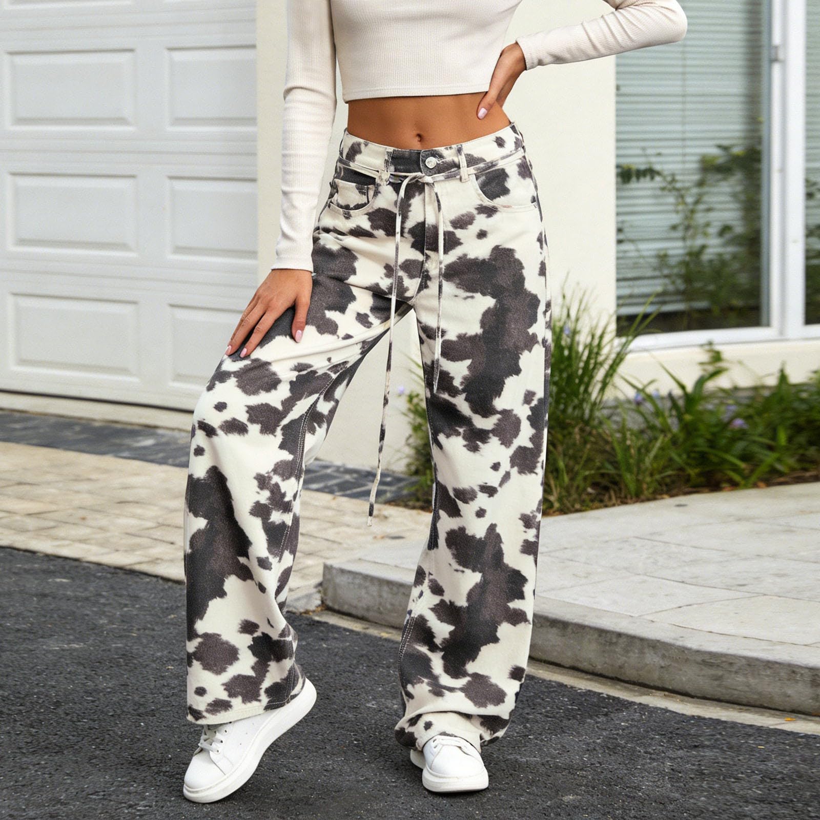Pantalon Fluide Femme été, Pantalons De Sport Femme,Jean Délavé pour À Motif Bovin Décontracté Coupe Droite Confortable en Denim Casual