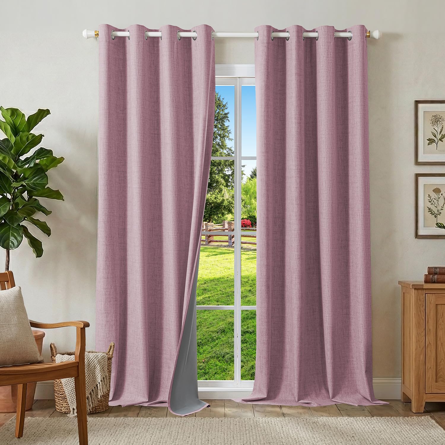 Runyéla 100% Blackout Linen Curtains Eyelet 46 x 90 Inch Drop for Living Room Bedroom Thermal Curtain 2 Panels Pink