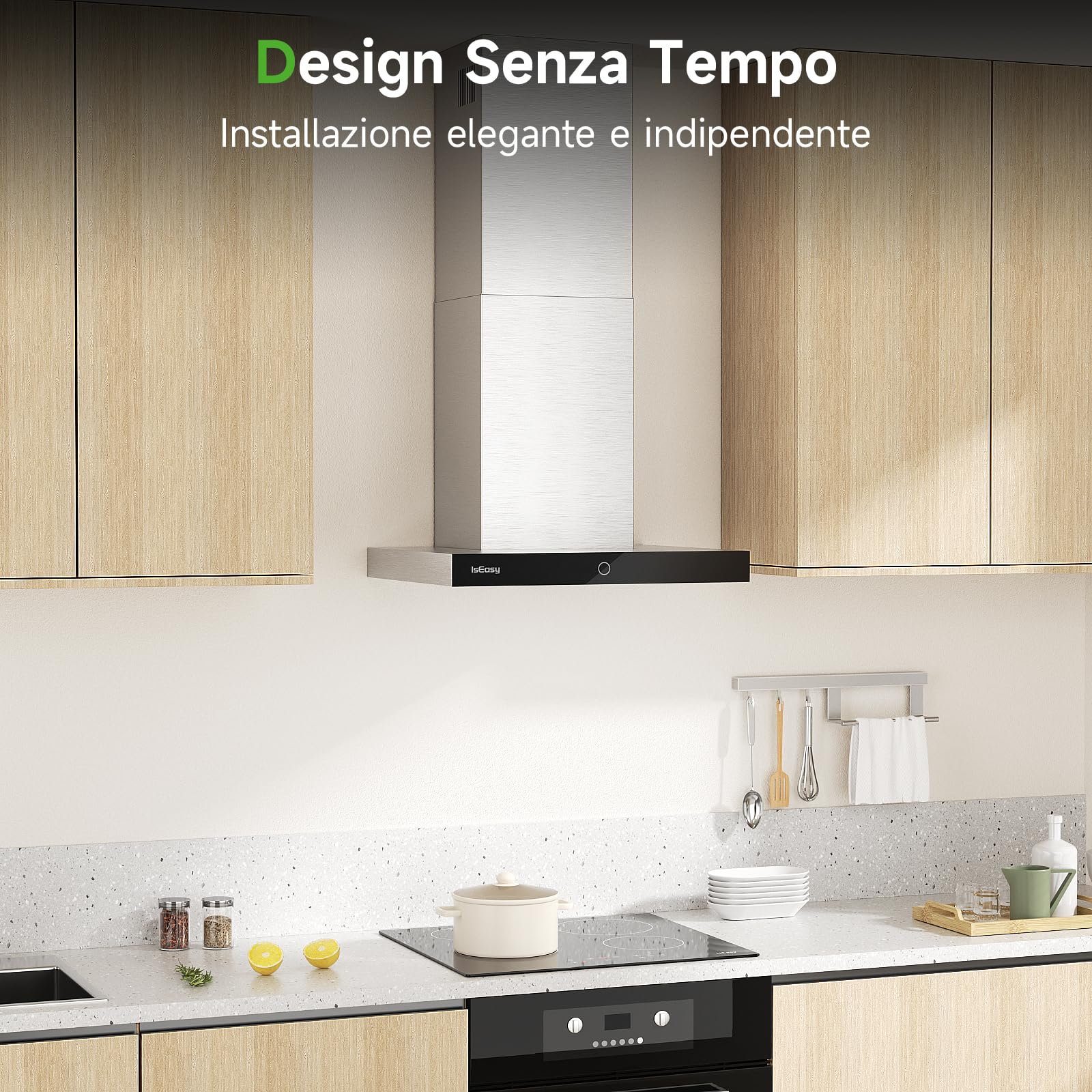 IsEasy Cappa Aspirante Inclinata 60 cm, Cappa Cucina con 590m³/h Forte Potenza di Aspirazione, 4 Livelli di Regolazione, 1-9 Minuti di Ritardo di Arresto, 67 dB, Argento, Class A++