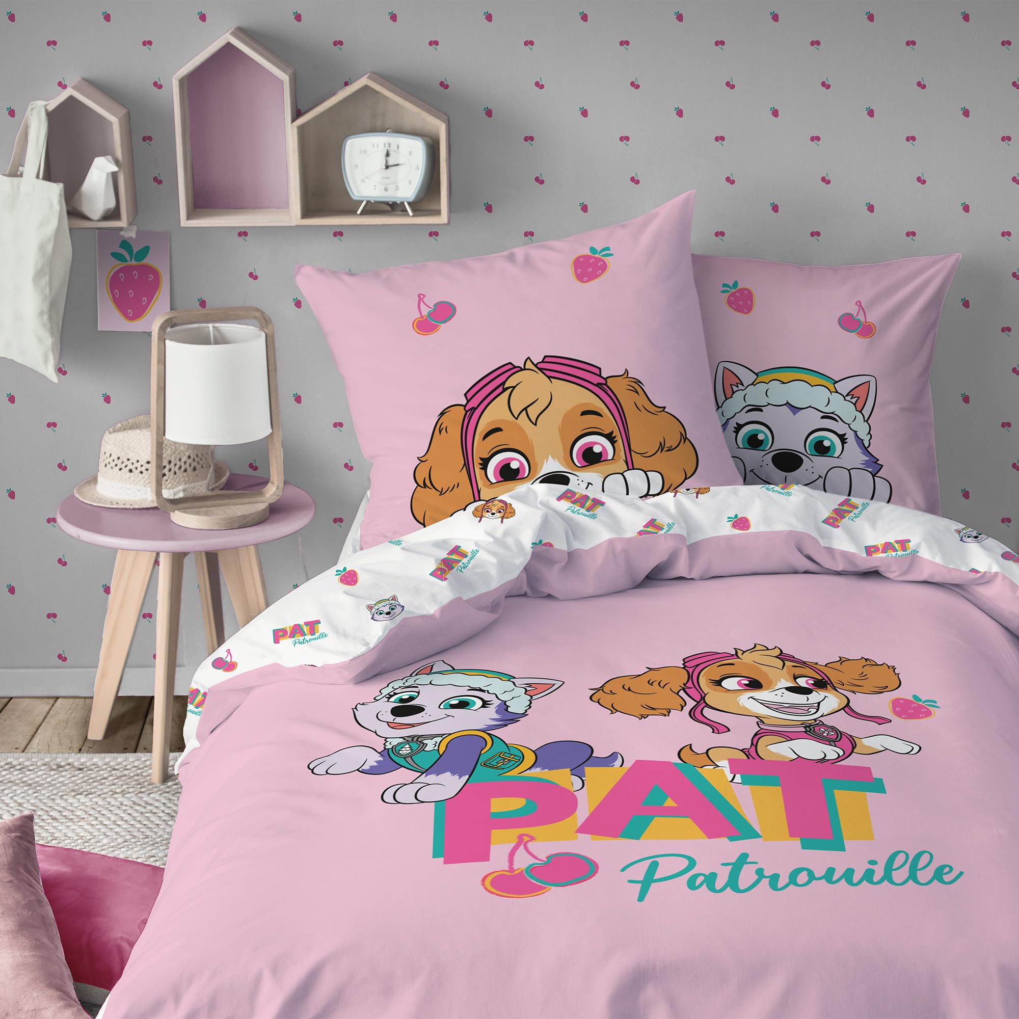 Parure de lit Pat Patrouille 140x200 fille avec housse de couette réversible coton