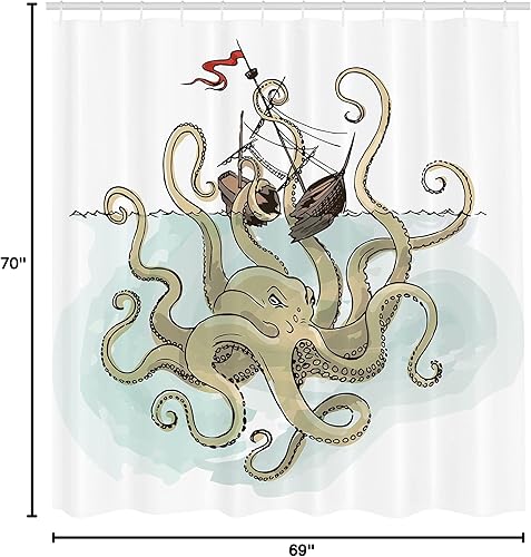 Miniatura 5 de Ambesonne Kraken - Cortina de ducha, pulpo hundiendo los barcos pirata, mito griego, cultura de peces, imagen artística de dibujos animados, juego