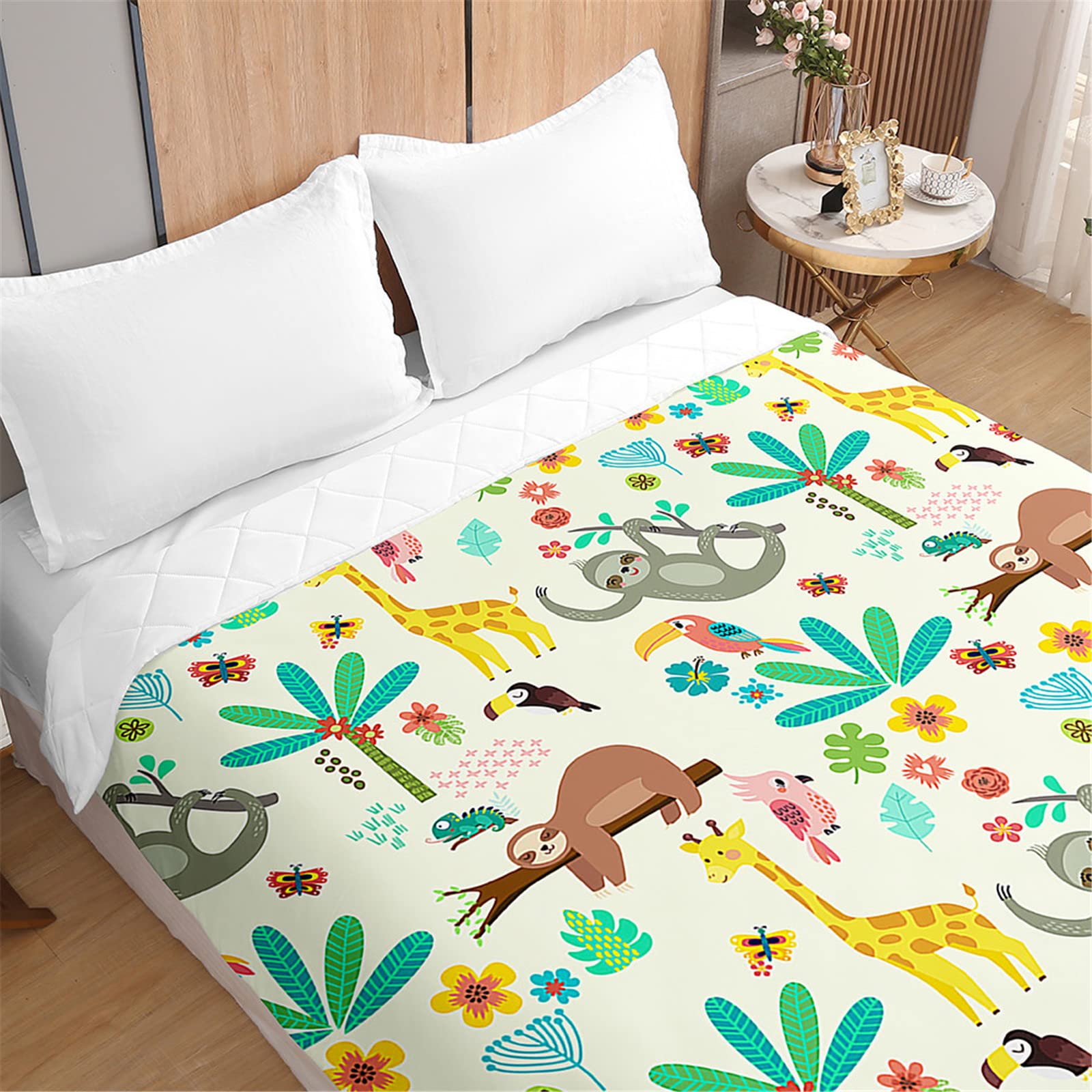 Odot Colcha Bouti Cama 90/135/150 Juvenil Infantil, Impresión Perezoso Acolchada Colchas Cubre Cama Individual o Matrimonio Multiusos Suave y Ligera Colcha Cama (Zoológico Tropical,230x280cm)