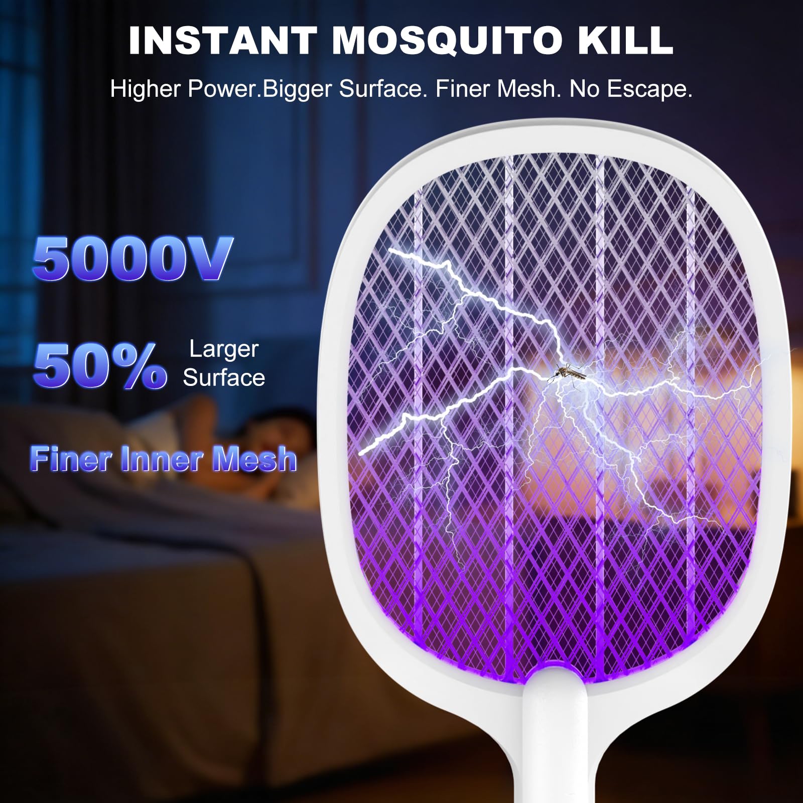 Raqueta Matamoscas Electrica, 2 en 1 5000V Raqueta Mosquitos Eléctrico con Base Recargable, 2 Modos, Protección de Malla de Tres Capas, para Uso en Interiores y al Aire Libre