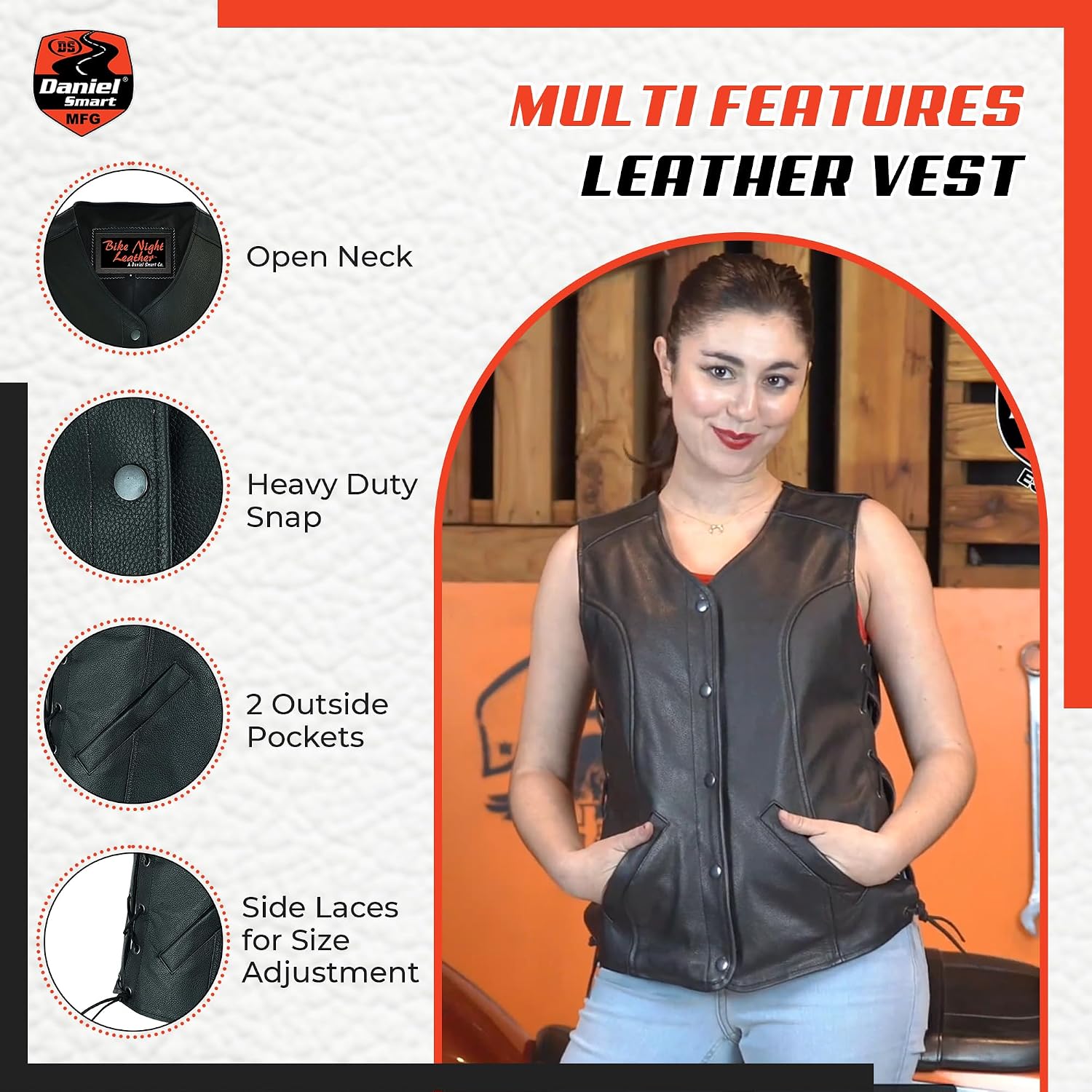 Daniel Smart Motorcycle Vest for Women Open Neck Leather Vest with Unique Design and Inside Carry Pockets