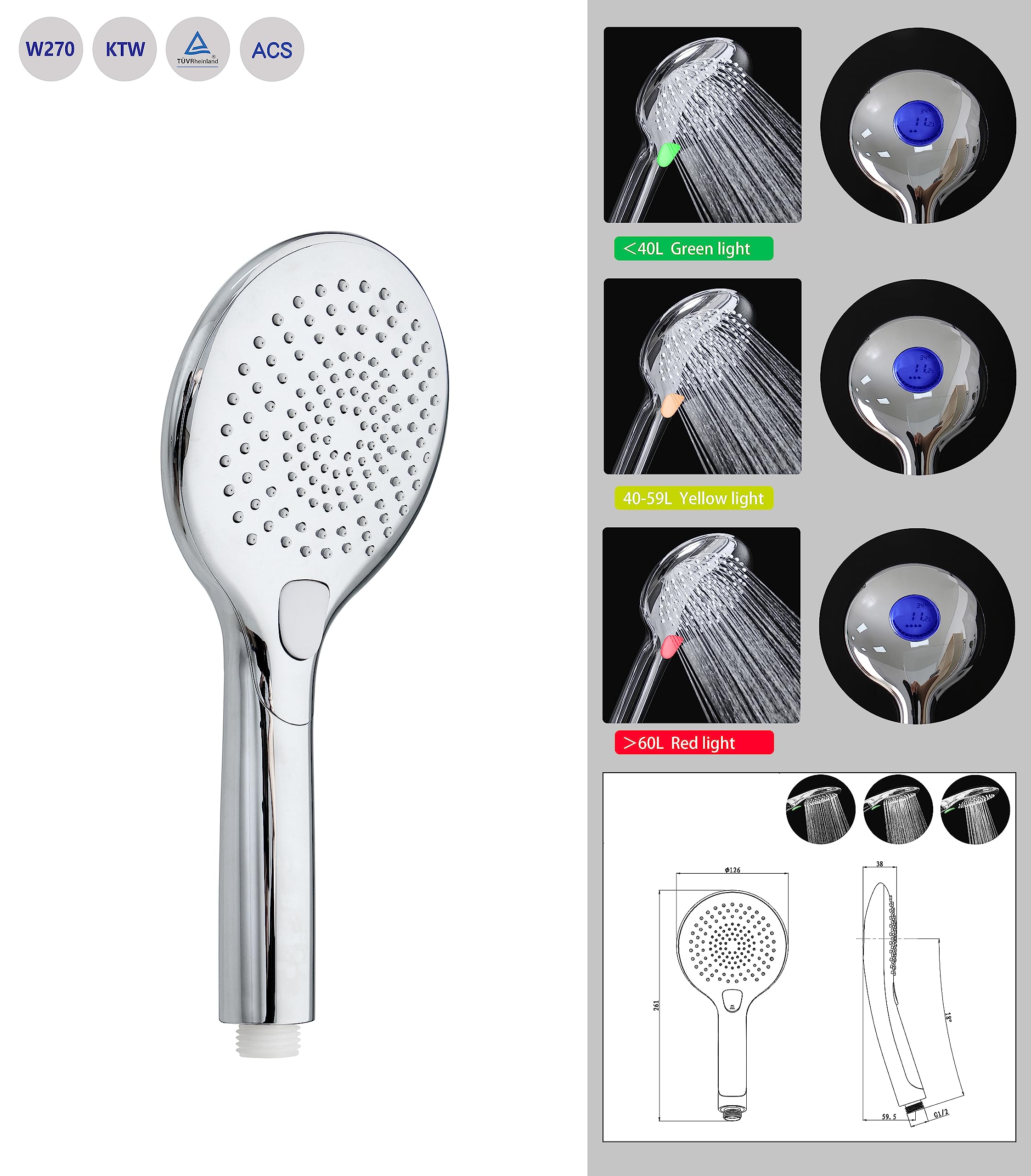 Pommeau de douche chromé avec éclairage LED 3 couleurs LORDAL