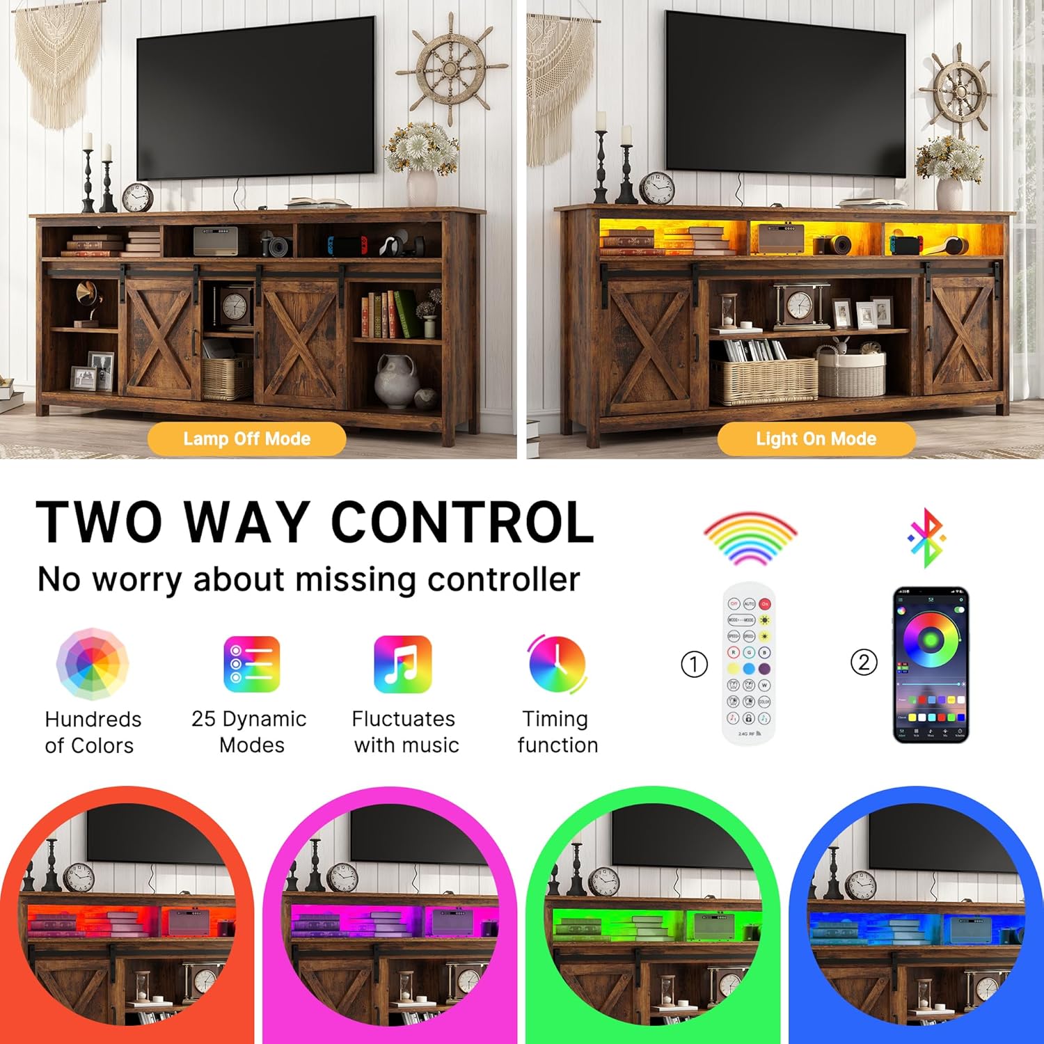 Vinctik 6&Fox 70in Wooden Farmhouse Entertainment Center for 80/75 inch TV,Double Layer Storage Farmhouse TV Stand,Double-Row Sockets with Wood Sliding Barn Door TV Stand(Double Layer Vintage Brown)