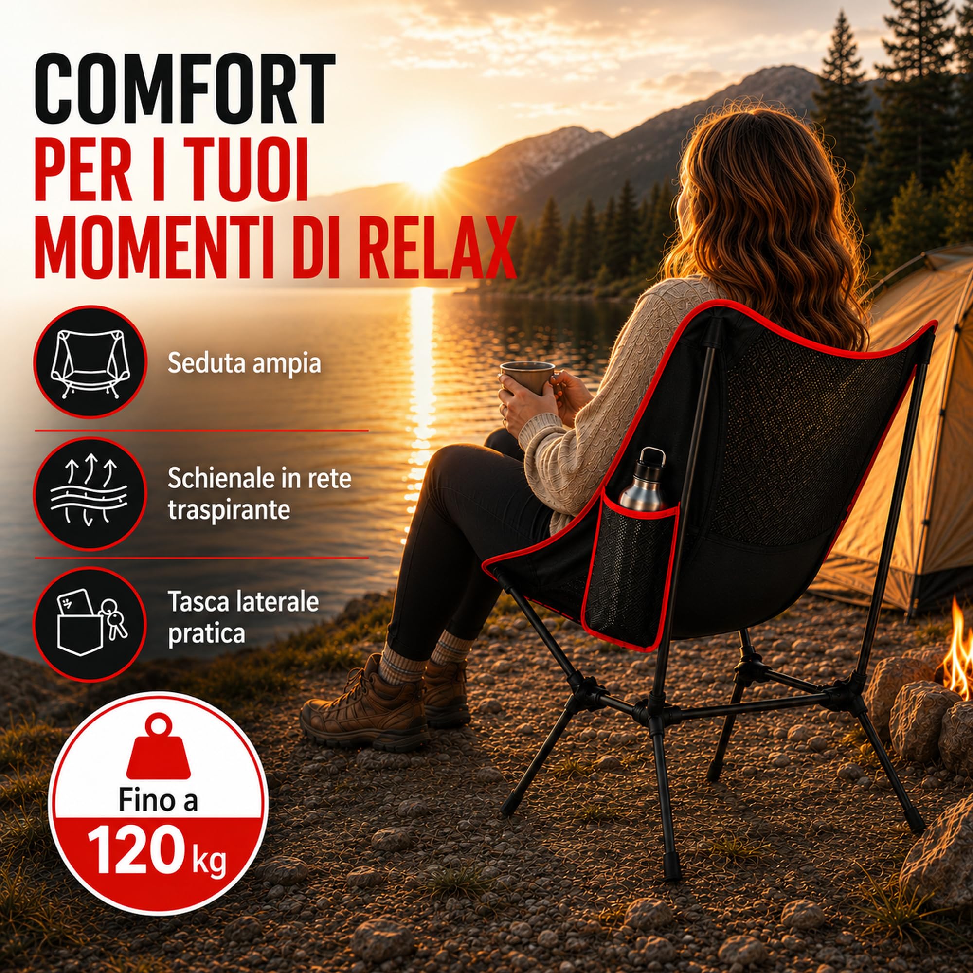 Sedia Campeggio Pieghevole Leggera, Moon Chair Portatile in Oxford 600D fino a 150 kg con Borsa e Tasca Laterale, per Spiaggia Pesca Picnic Giardino Esterno Viaggio
