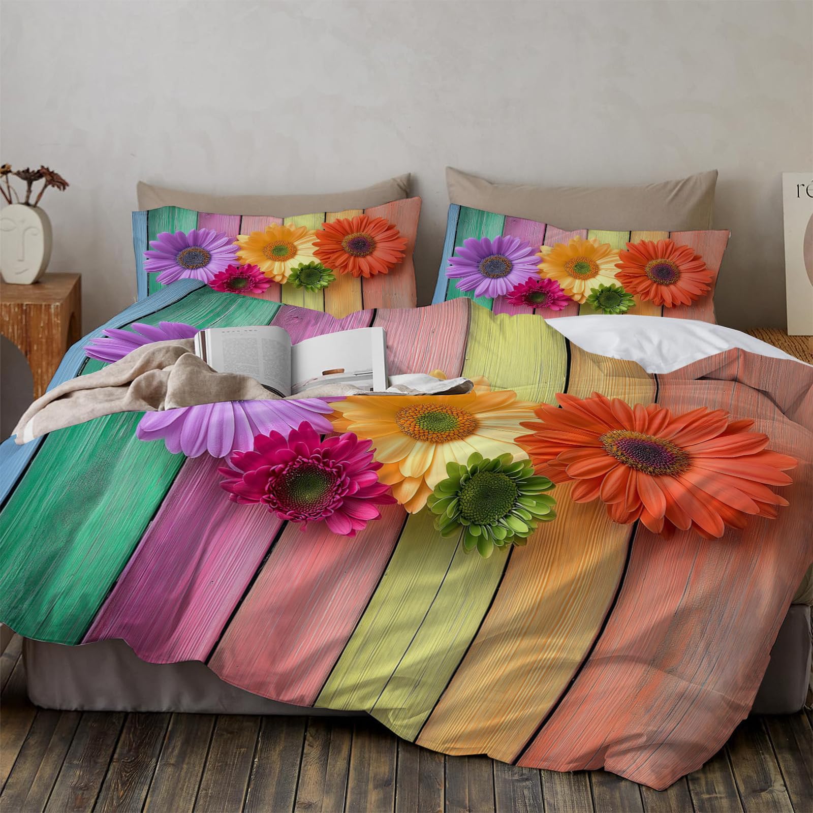 Housse de couette 220x240 arc-en-ciel vintage en bois imprimé multicolore