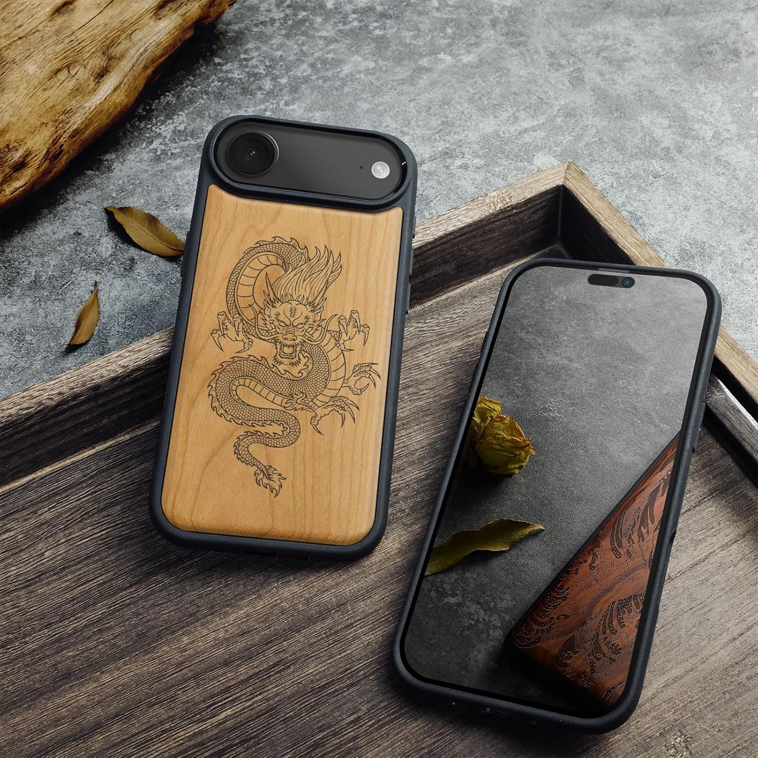 Carveit Magnetic Wooden Case for iPhone Air Case, Wood Artisan Engraved & Soft TPU Shockproof Cover, Compatible with MagSafe 17 Air Wireless Chargers (The Oriental Dragon) Cherry