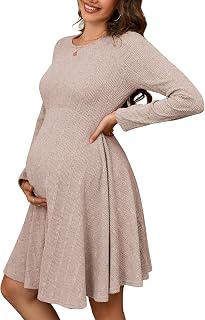 Maternity Sweater Dress Ribbed Knit Round Neck Long Sleeve Fall Midi Dress Baby Shower Photoshoot