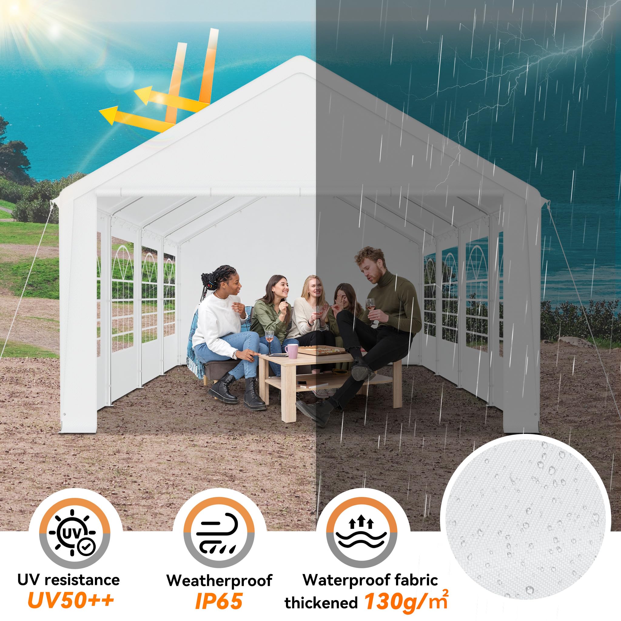 LZQ Pavillon 4x8 Meter mit Dachplane aus 170g/m² PE & Seitenteilen mit Fenster, Gartenzelt Partyzelt 4x8 m aus Verzinktem Stahl,UV-Schutz, als Pergola oder Party Zelt, Luxus Hochzeitszelt Weiß Baumarkt
