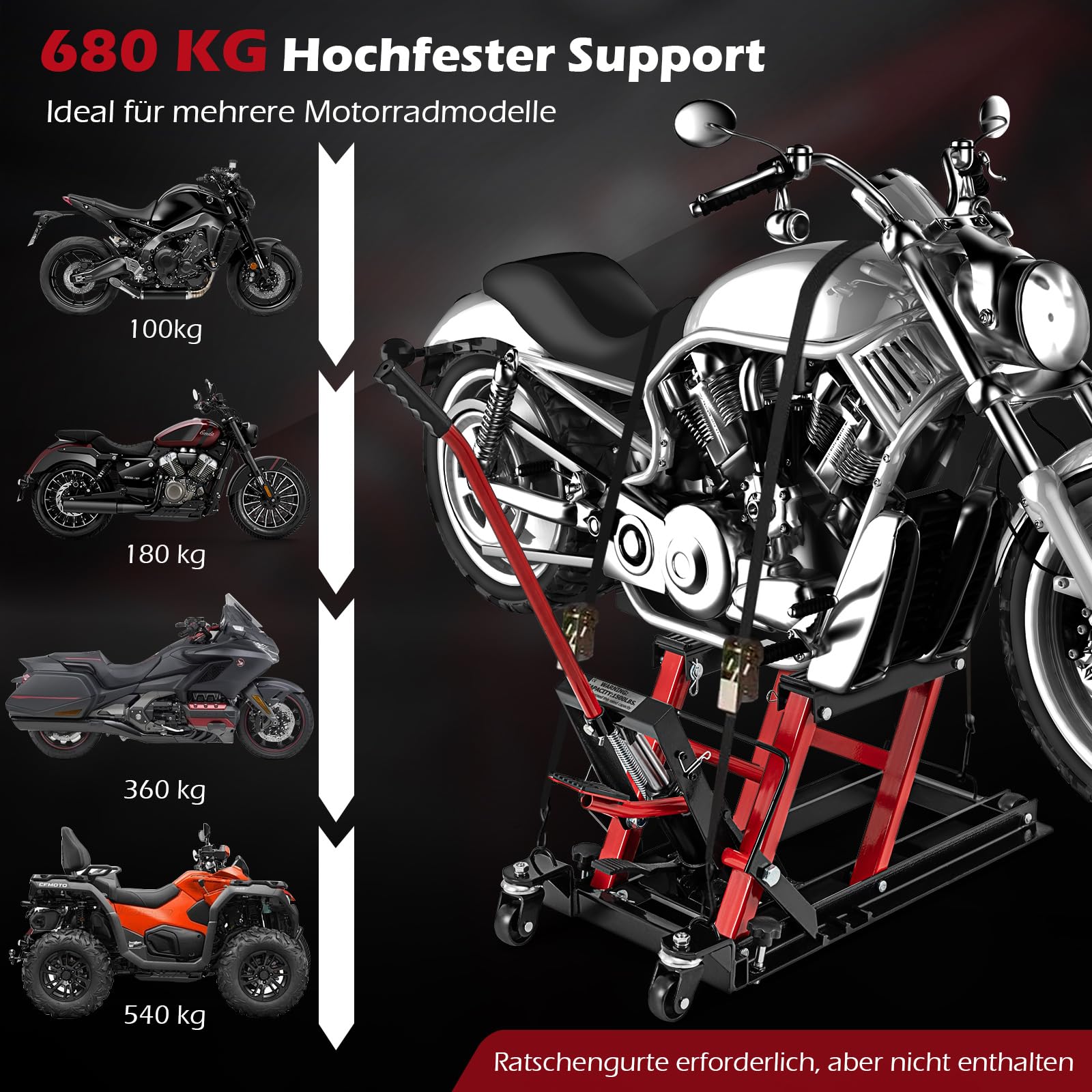 COSTWAY Podnośnik motocyklowy, podnośnik do motocykli do 680 kg 3-stopniowo regulowany w wysokości, hydrauliczny podnośnik motocyklowy do motocykli ATV i quadów (czerwony)