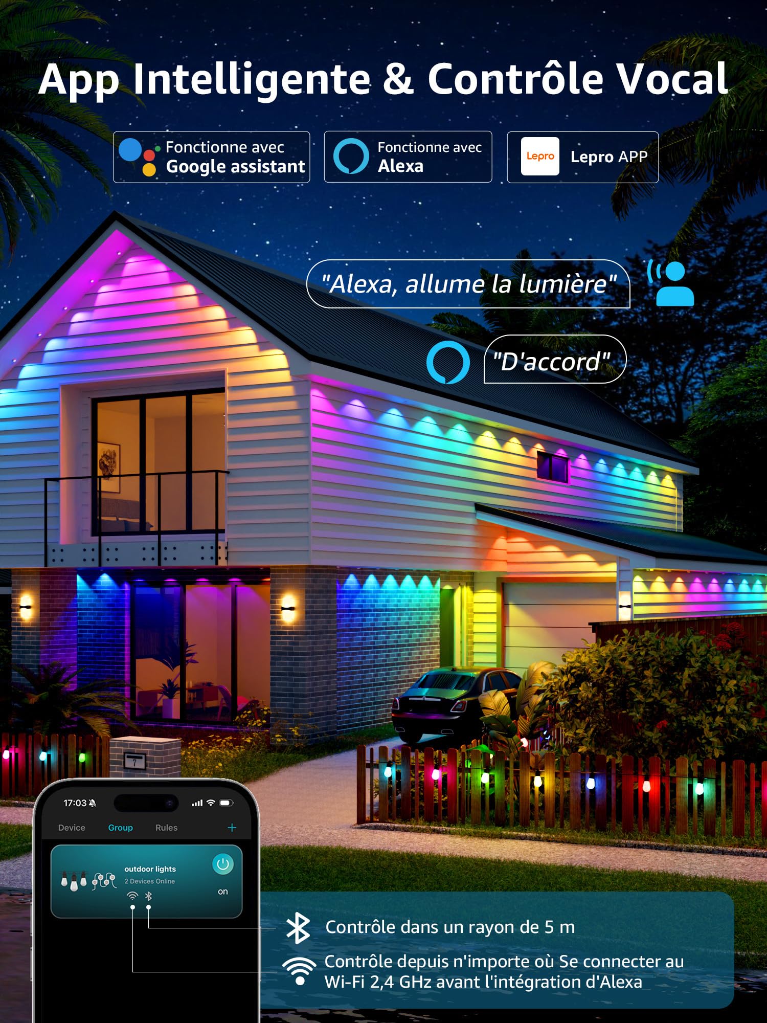 Lepro E1 IA Guirlande Lumineuse Intelligente 15M, Éclairage Extérieur Permanent 30 RGBIC LEDs, Concepteur d'Éclairage IA Personnalisé, Contrôle Vocal Music Sync Compatible avec Alexa Google Assistant