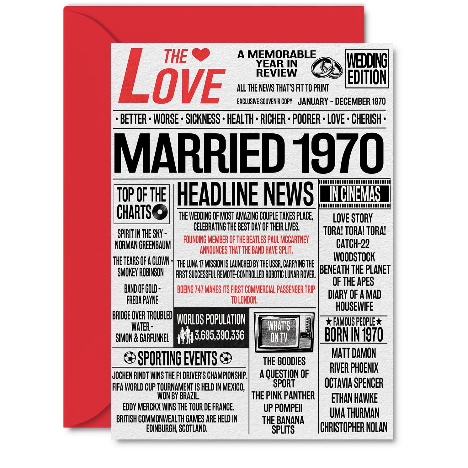 56th Anniversary Cards for Men Women - Married 1970 Newspaper - 56 Wedding Anniversary Card for Husband Wife Dad Mum Aunt Uncle Vintage Retro 1970, A5 Greeting Cards