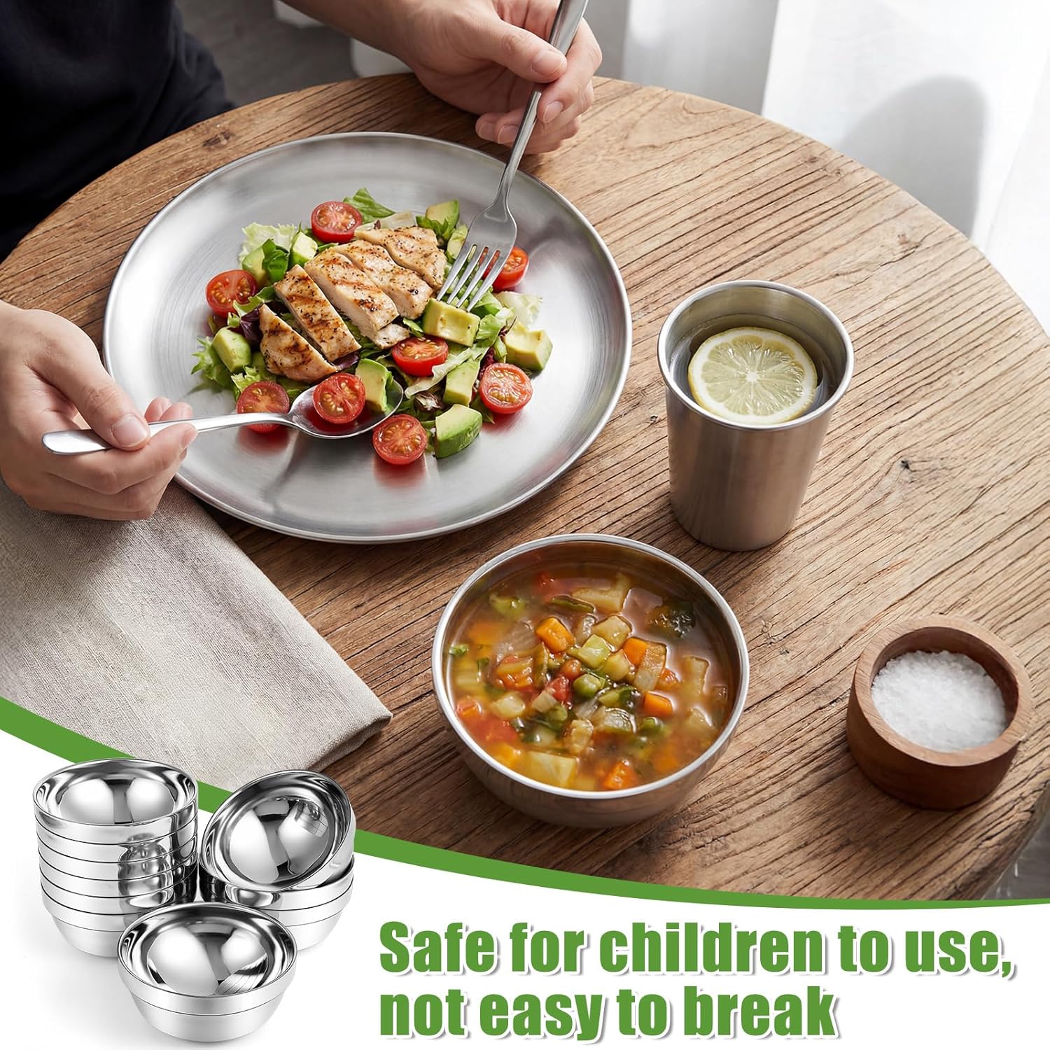 Sunnyray 6 Sets Stainless Steel Plates Bowls and Cups 304 Metal Camping Stainless Steel Dinnerware for Serving Reusable Double Walled Insulated Plates Bowls and Cups for Rice Ice Cream