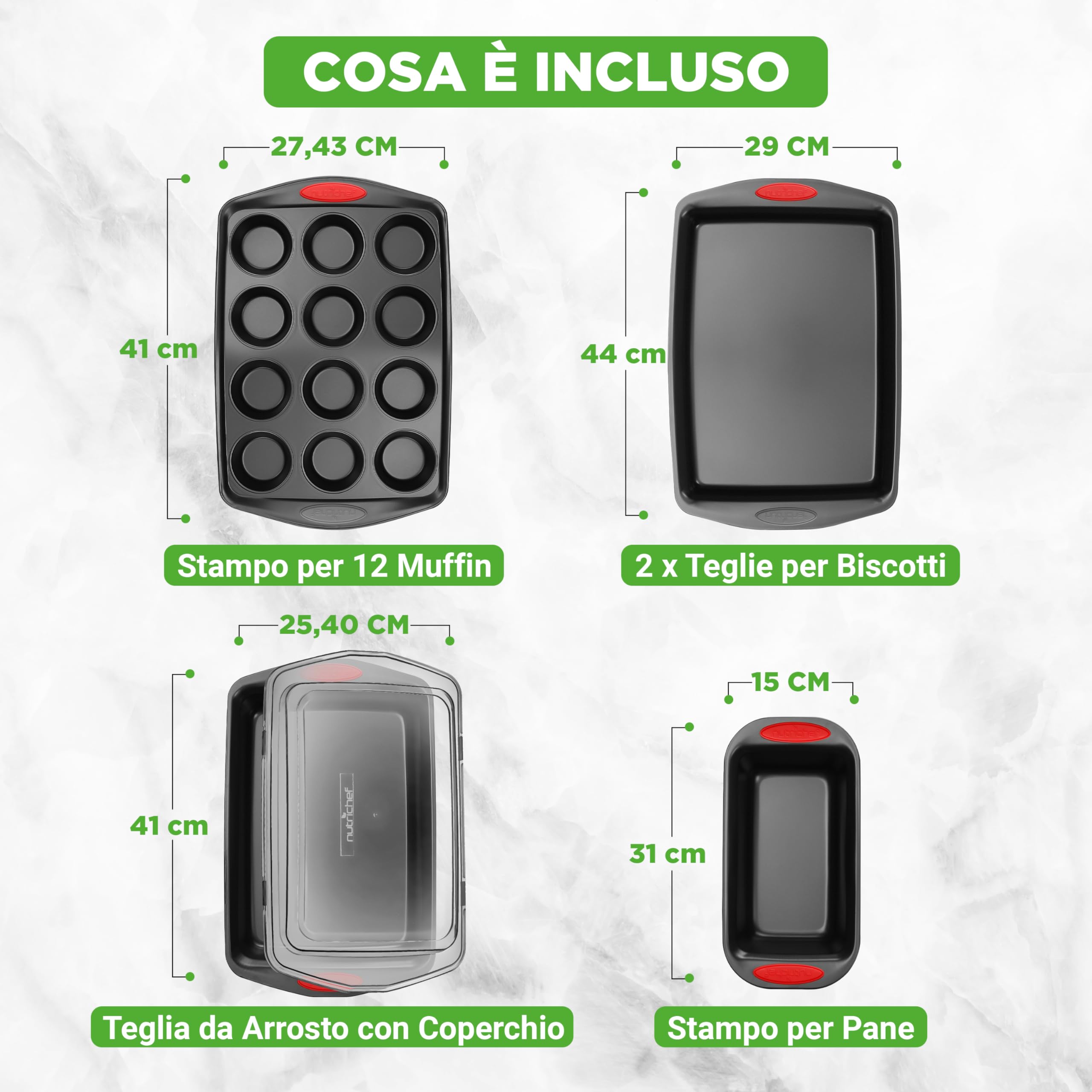 NutriChef Set 6 Pezzi Teglie Forno Antiaderenti in Acciaio al Carbonio con Manici in Silicone, Teglie da Forno per Pizza, Pane, Dolci, Biscotti, Lasagna, Verdura, Torta, Stampo Muffin, Stampo Plumcake