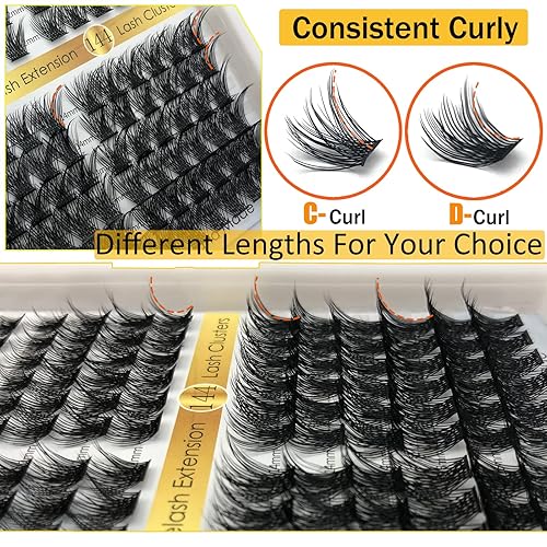 Miniatura 5 de kmilro - 144 extensiones de pestañas en racimo para colocar en casa, rizo C D, 0.43-0.630 pulgadas, mega volumen, pestañas individuales esponjosas