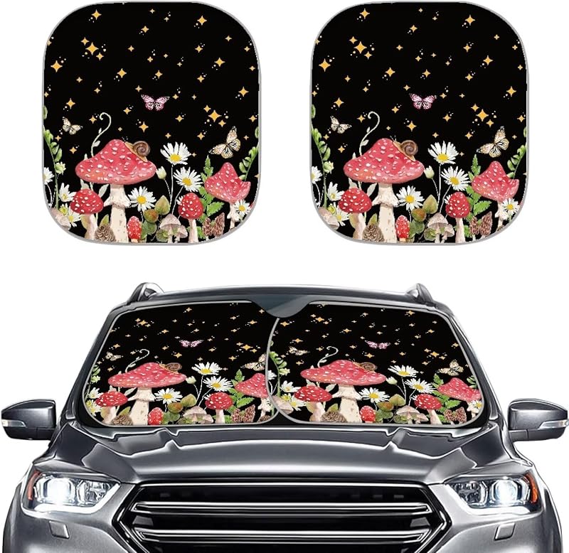 Protetor Solar para Para-brisa Renewold Dobrável, Refletivo, 2 Peças, Estampa Mushroom Daisy Butterfly
